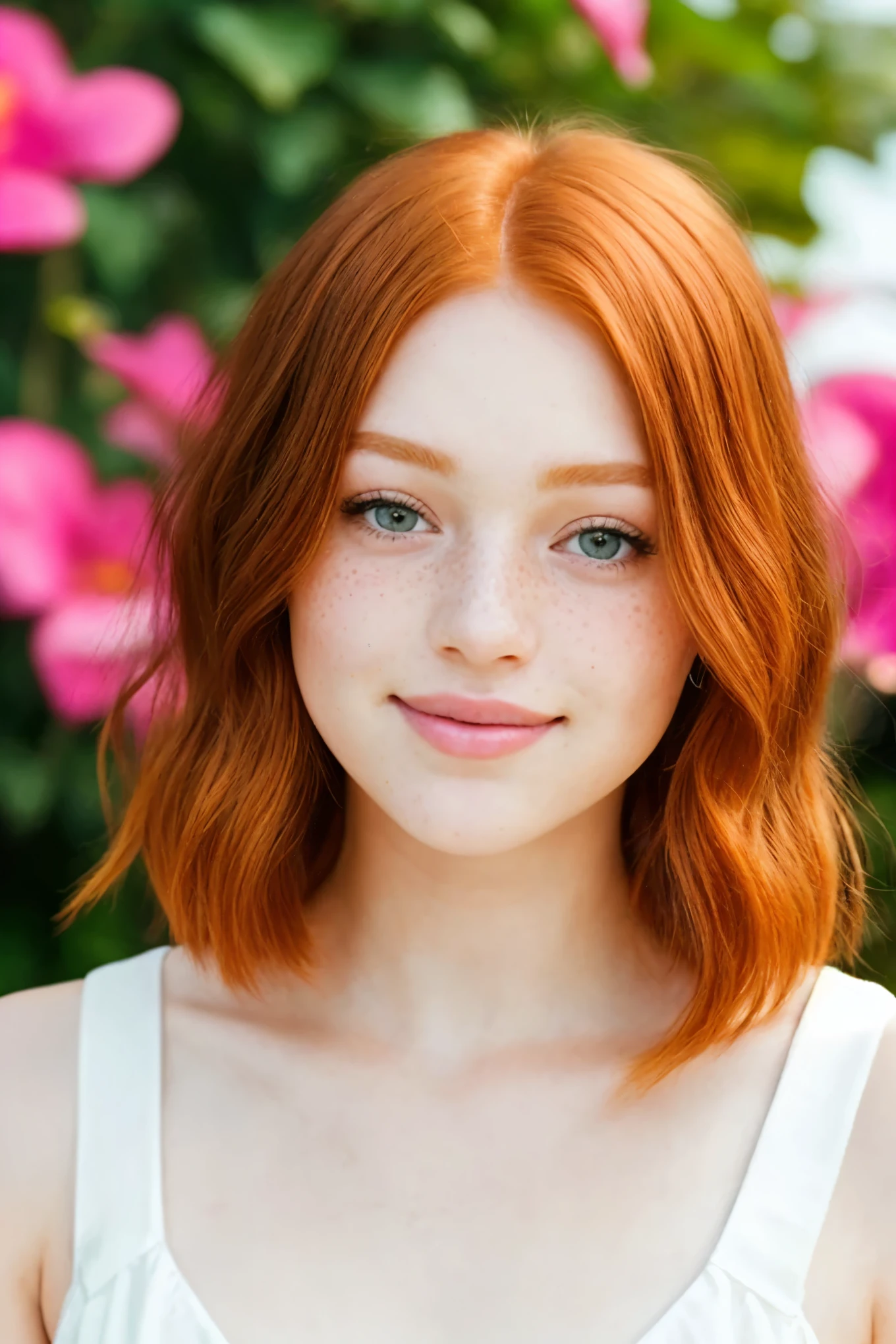 A young redhead girl with freckles, age around 20, is captured in a serene outdoor room setting. Her short, sleek hair frames a beautiful, detailed face with expressive, captivating eyes and lips. The long, luscious eyelashes add to her striking features. Her skin, radiating youthful beauty, is meticulously detailed with a vibrant, healthy glow. A cute, sweet expression adorns her face, accentuating her charm.
The background boasts a colorful, eclectic backdrop with minimalistic dress, creating a harmonious blend of simplicity and vivacity. The lighting is cinematic, casting dramatic, soft shadows that accentuate the
