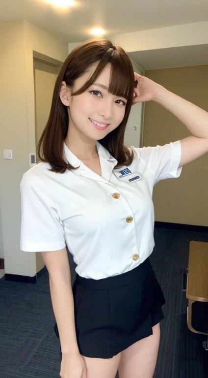 Gravure idol pose　Hotel　uniform　White clothes　high resolution　Not too small bust　Black Mini Skirt　Skirts should be shortened