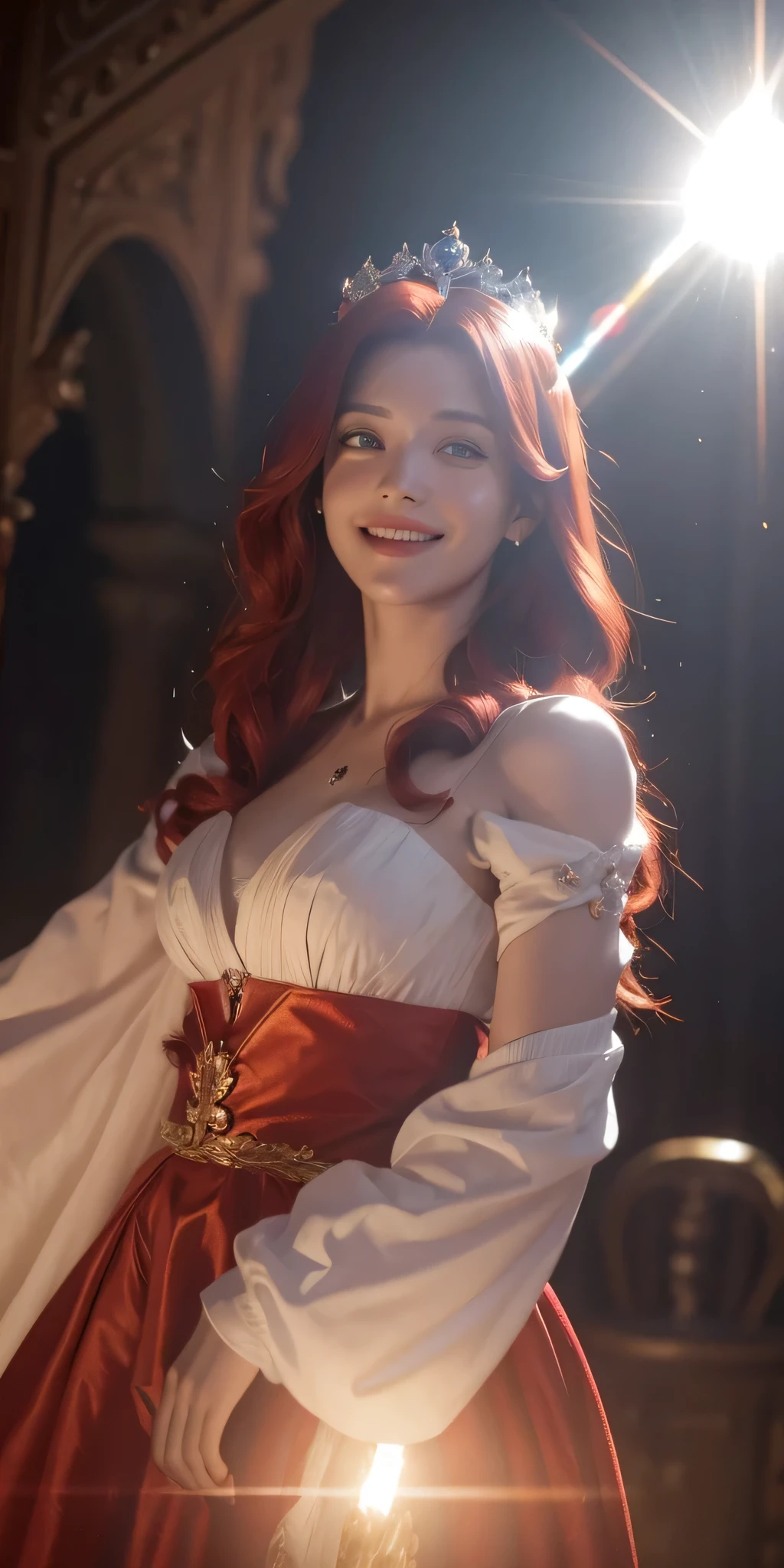 Princesa das trevas com os olhos de sangue, red hair, crown, evil smile, lens flare, high detail, first-person view, cinematic lighting, masterpiece, super detail, best quality, 8k, UHD