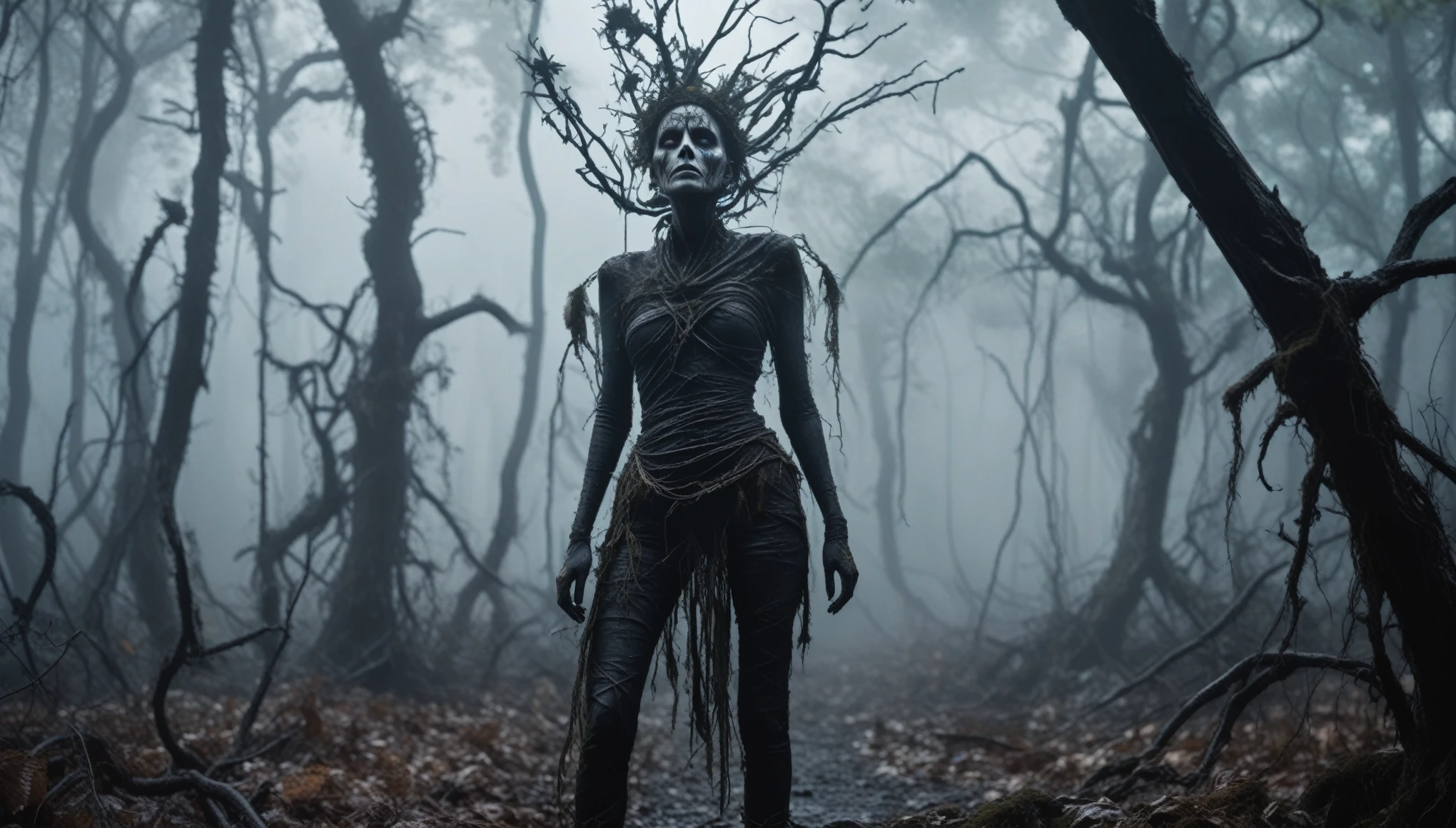 young graphite witch's mummy made of dead plants crawling out foggy Louisiana forest, radioactive atmosphere,steampunk dark horror fantasy, ominous landscapes,large number of stars fly towards the viewer,radioactive world,ruined theme,lots of toxic dust,full body length shot,once pretty face,full body length, eerie atmosphere, ethereal presence, toxic mists, supernatural entities, sinister aura, dark and twisted branches, macabre elements, eerie and ominous lighting,Complicated detail,captivating creation,intricate details,extremely detailed,masterpiece,intricate details,eyes extremely detailed, high detailed eyes,32k resolution, Nikon Z9,like Stone Forest in Yunnan Province of China,Simon Stalenhag,Nicola Samori,Wangechi Mutu, horror movie, cinematic look, creepy aesthetic, ultra detailed, photorealistic, masterpiece, In a Tim Burton,matter plants regaining territory