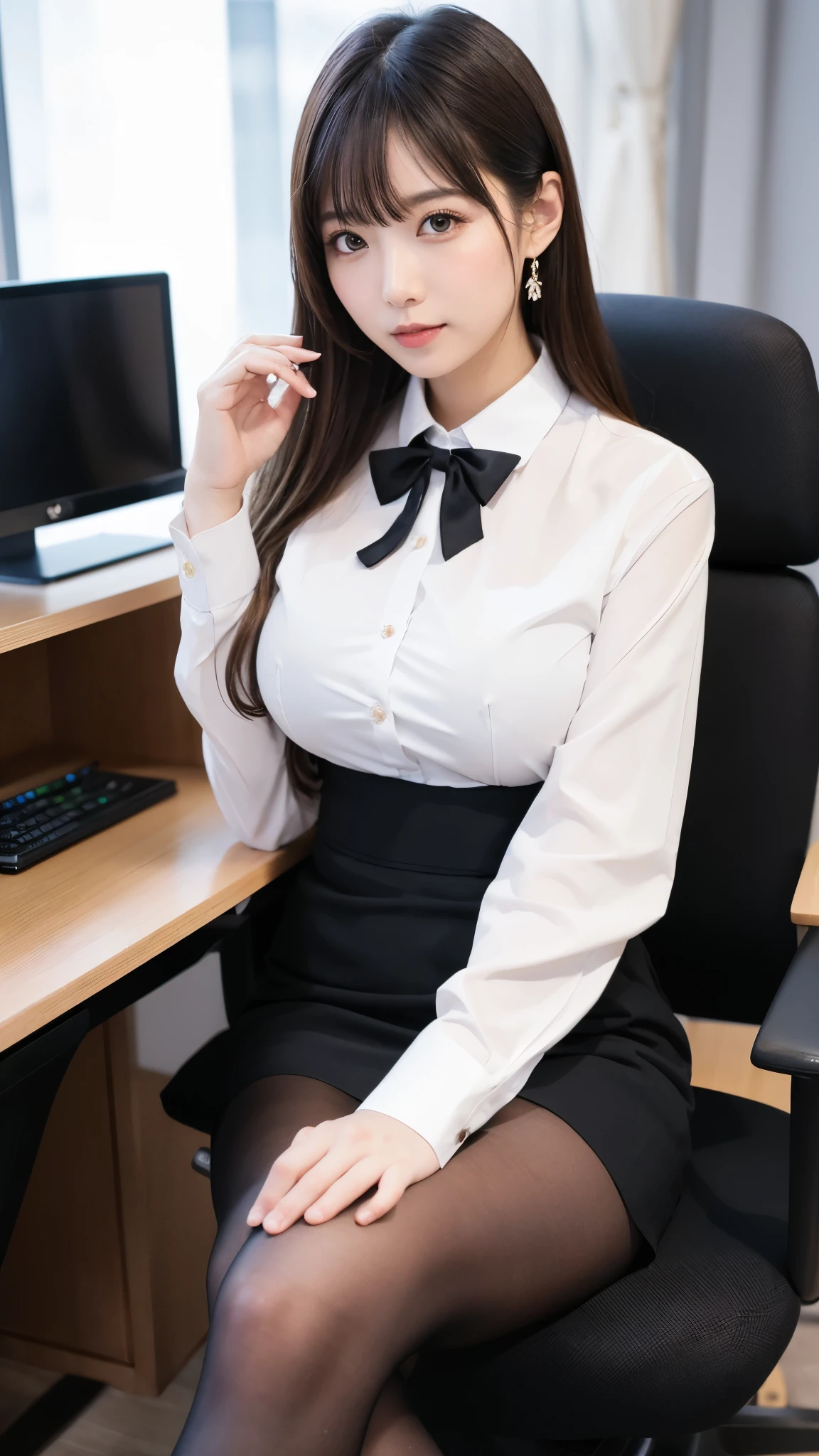 (masterpiece), ((highest quality)), (masterpiece,highest quality,Official Art,Highly detailed CG Unity 8k wallpaper), (The most noble and beautiful), (Mastepiece), (高学歴のwoman),Beauty Photography, woman，alone,(An elegant, upper-class, super elite secretary in a business shirt),Perfect look，double eyelidの目，Delicate makeup， Working in the office,厳格なsuitを着ている, (Wearing pantyhose),Wear high-end heels,Girl in a shirt, suitを着た, Huge boobs,Esbian all over,suitを着た, suitを着た, merchant, Business attire, 黒いsuitを着て, Please wear a shirt and skirt, suitを着たwoman, suit，Computer chair，please sit down，Erlang&#39;Foot，High heels，Show Viewer，Bright，Intricate details，Feet Focus,((Shooting from below)),Cool Beauty,(Tall Girl),Dark brown hair, Small earrings,Accurately expresses details such as face and skin texture,(The most beautiful face and eyes), double eyelid,Delicate skin,Slim figure,alone,Big Breasts,(最も美しく高貴なSmall earringsを着けて), Silk blouse, Glossy black pantyhose