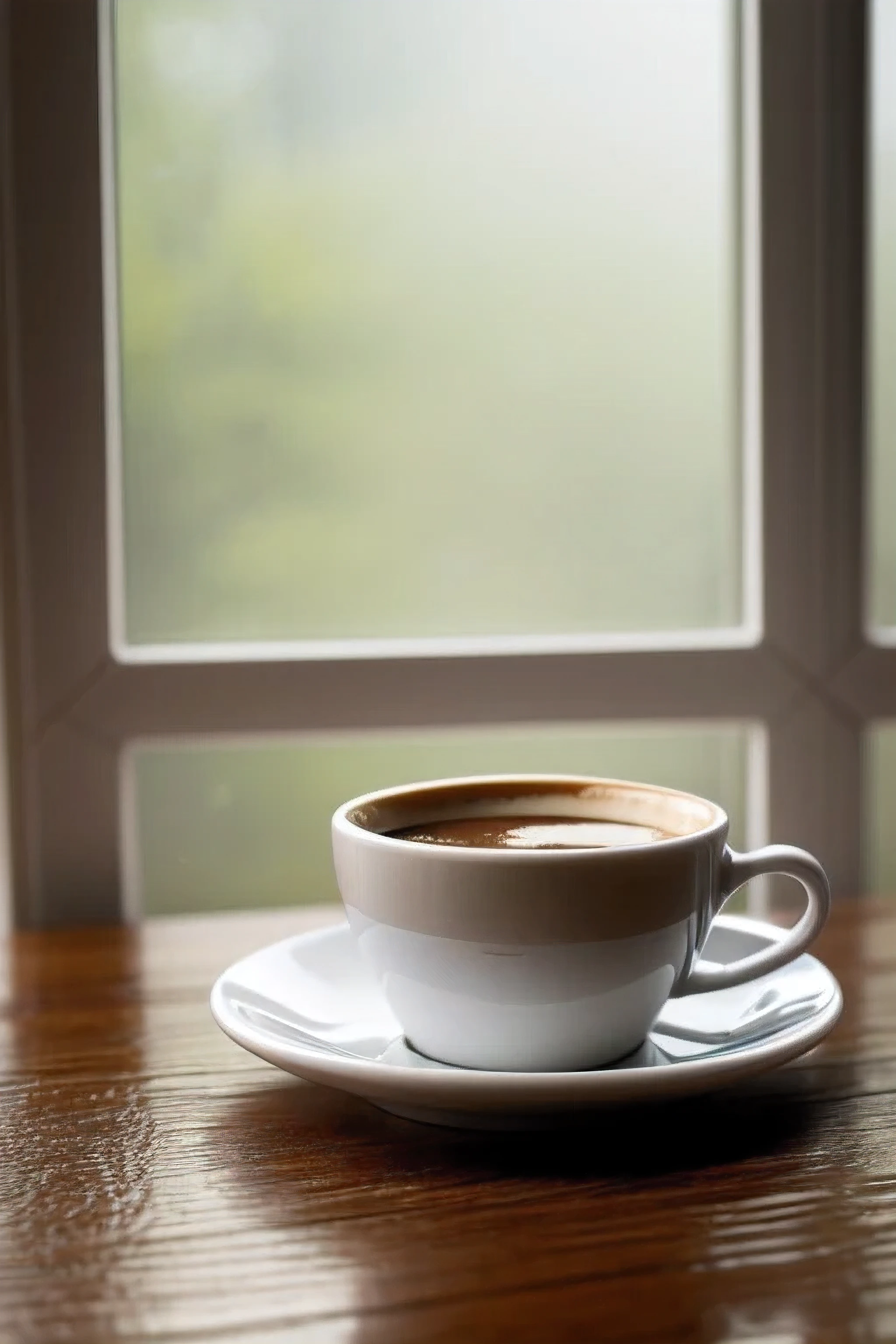 Real photo of a cup of coffee on the table in front of the window, Sharp focus, 8K, The scene is highly detailed, A day after the rain, it is It&#39;s raining outside the window, rainy afternoon, It&#39;s raining outside, It&#39;s raining outside the cafe, tempo rainy, it's It&#39;s raining outside, em um dia rainy, It was raining outside the window, It&#39;s raining outside天, Clima rainy, Dia rainy, Hot coffee, It&#39;s raining outside, rainy, Water drops on window glass, Very romantic atmosphere,