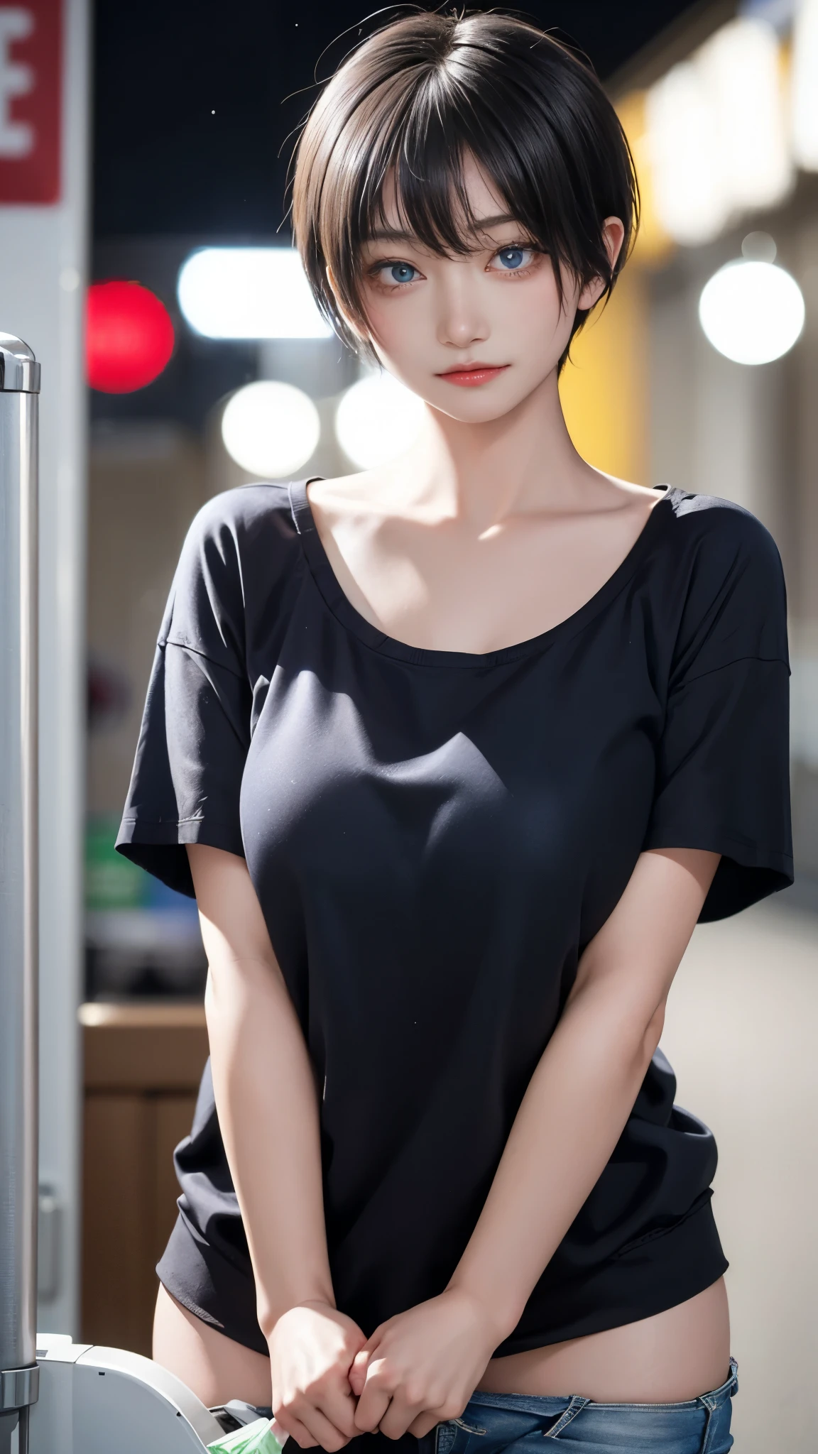 masterpiece、highest quality、be familiar with、1 female、18-year-old、blue eyes、blonde、black skin、(((oil skin))),shiny skin, Pixie Short hair、Oversized big long T-shirt that reaches the thighs、No underwear:1.5、Shoulders are out、Seductive thighs、big breasts、big breasts、A woman went shopping、Angle from above、embarrassed face、from the front、upward glance、background bokeh、In front of the convenience store cashier counter、A girl who came to buy condoms、Place condoms and alcohol on the cashier counter、Big cleavage