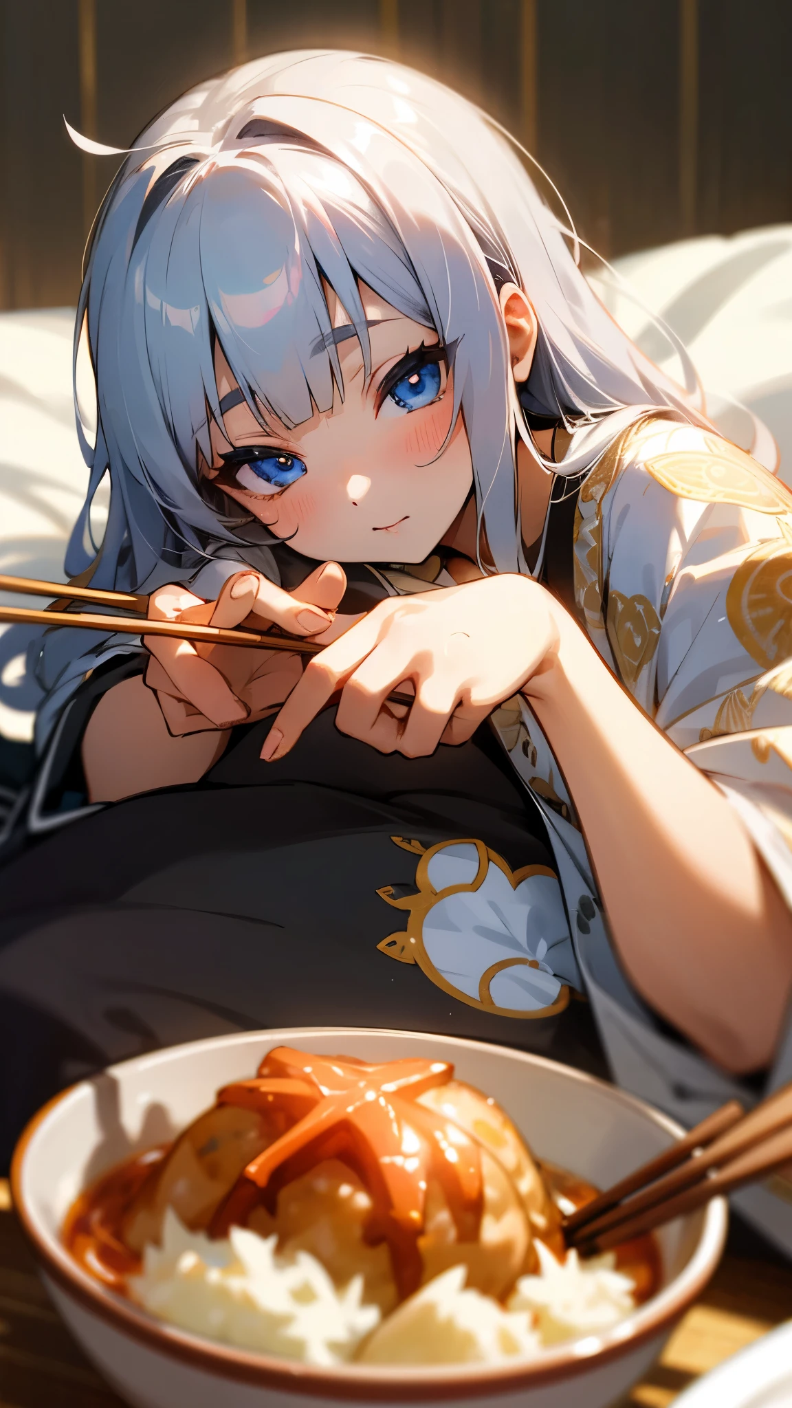 1 girl、8k、Sharp focus、(Bokeh) (highest quality) (Detailed skin:1.3) (Intricate details) (anime)、、Silver Hair、blue eyes、Lying on the futon、Eat katsudon、Holding chopsticks in your right hand