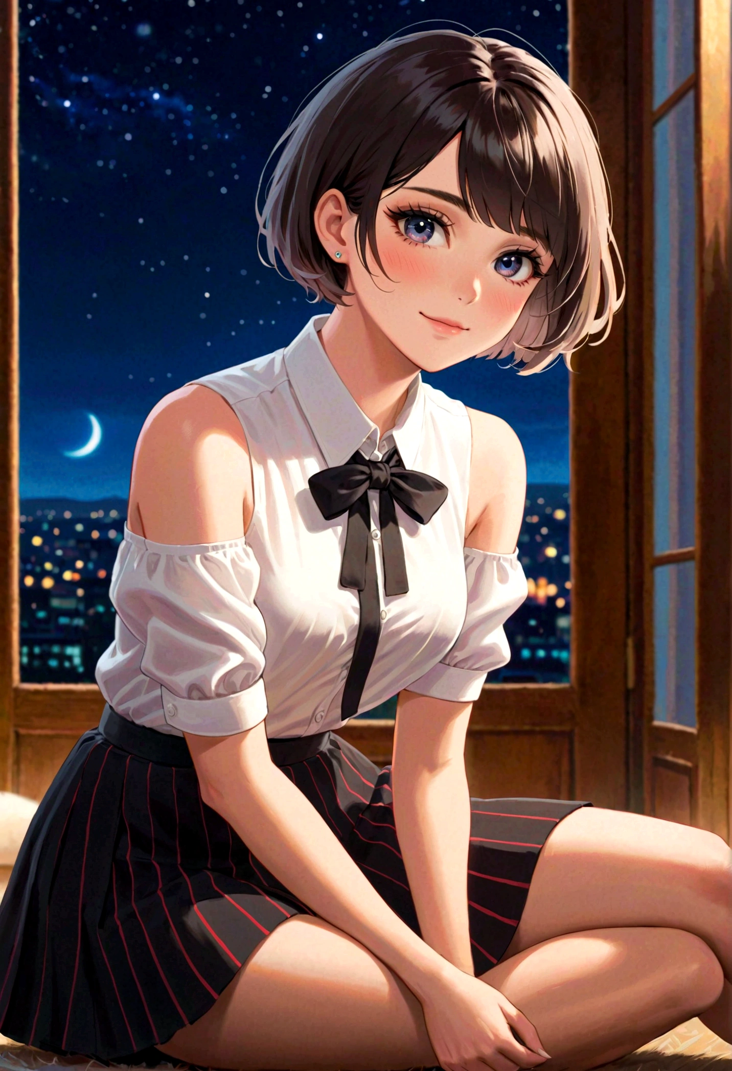 (8K, RAW photos, best quality, master:1.2), (Practical, photo-Practical:1.37), Super detailed, 1 girl, Lovely, Solitary, Beautiful and detailed sky, Delicate face, night, sit, Dating, (blush), (Smile: 1.1), (shut up), Large Breasts, Beautiful and delicate eyes, Can&#39;t button up, (stand collar shirt: 1.1), bow tie, Pleated Skirt, (short hair: 1.2), Flowing hair, Long eyelashes, Eyeshadow, Small face, big eyes, full-body shot, Bare shoulders, indoor, floor