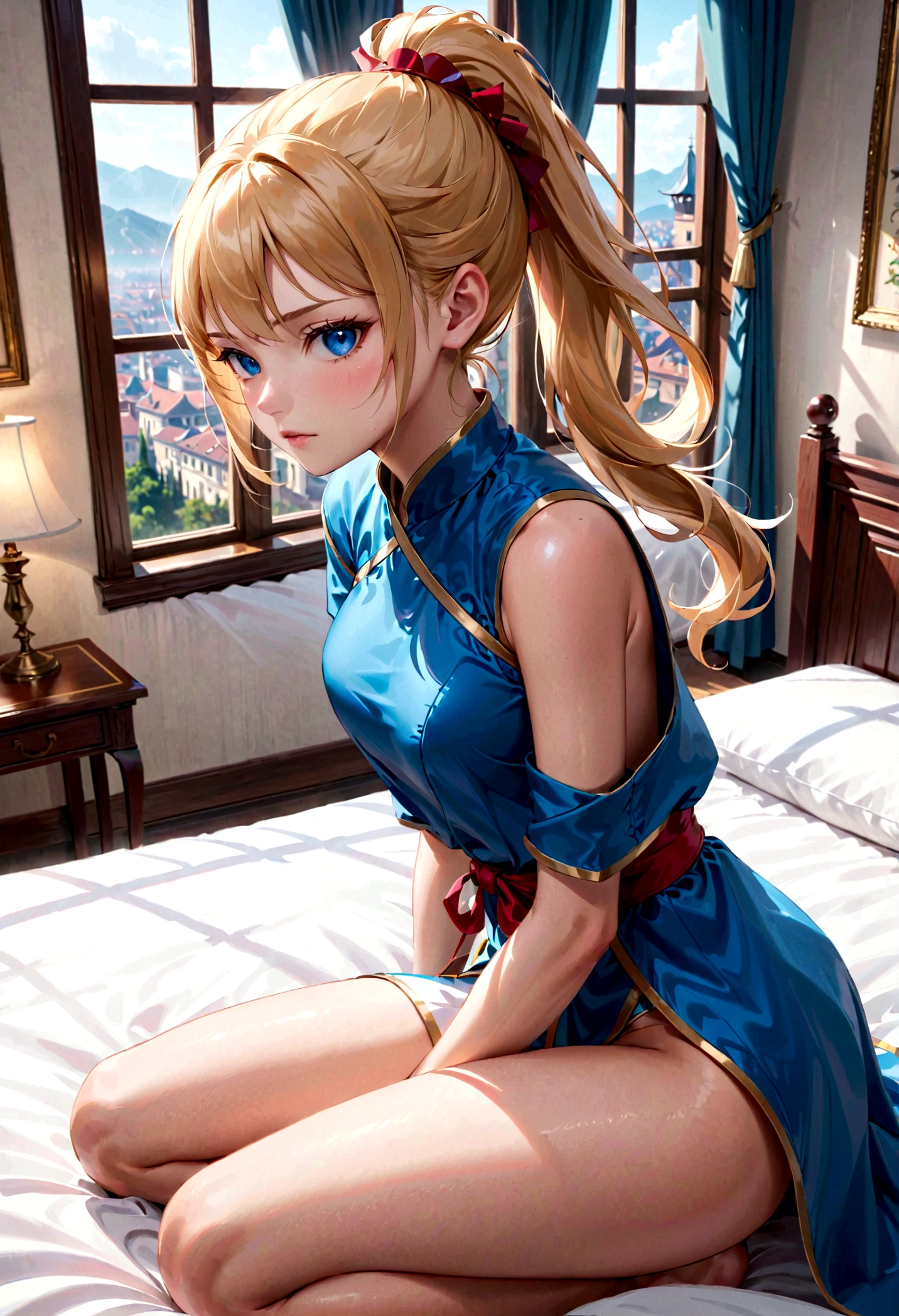 masterpiece, Ultra-high quality CG, best quality, Perfect picture, Solitary, Lydia Sobieska (Iron Fist, Blonde hair high ponytail, blue eyes, Red hair accessories, Strong), Wearing sexy karate outfit, Sitting on the bed, looking off to the side, blush, Show your shoulders, In a European mansion