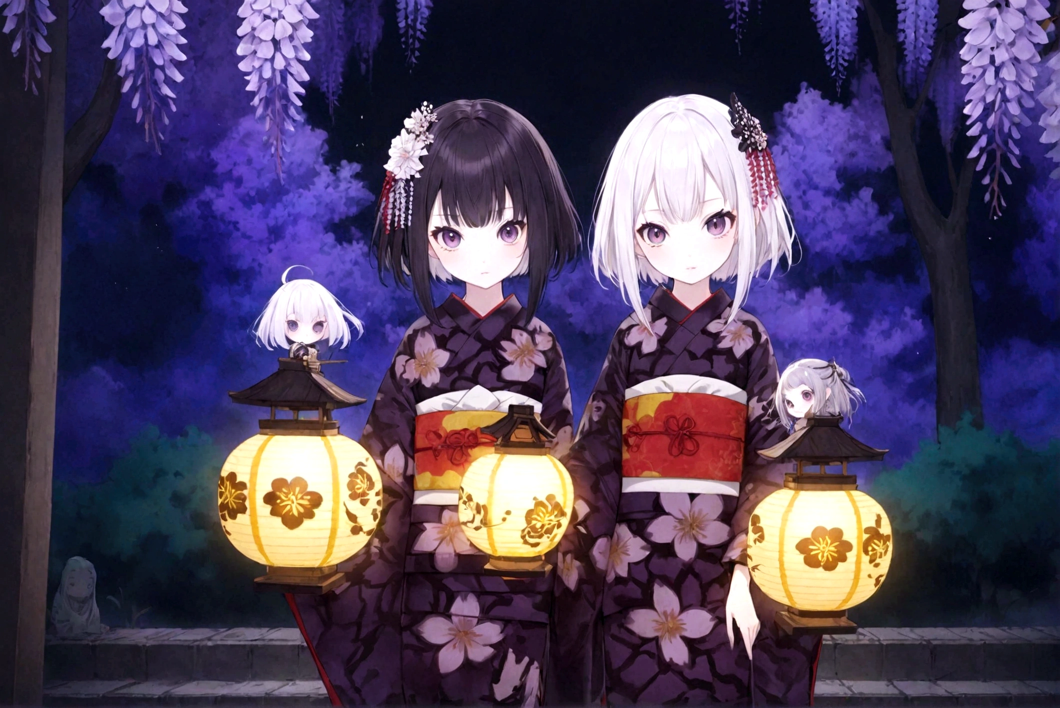 ((Masterpiece, top quality, high resolution)), ((highly detailed CG unified 8K wallpaper)), 2 girls, kimetu no yaiba, ubuyasiki, Spooky twins, girl with black hair and girl with white hair, dressed in Japanese kimono, Japanese lanterns, garden at night, wisteria flowers in background, staring with very wide eyes, faint smile, dark atmosphere, horror,