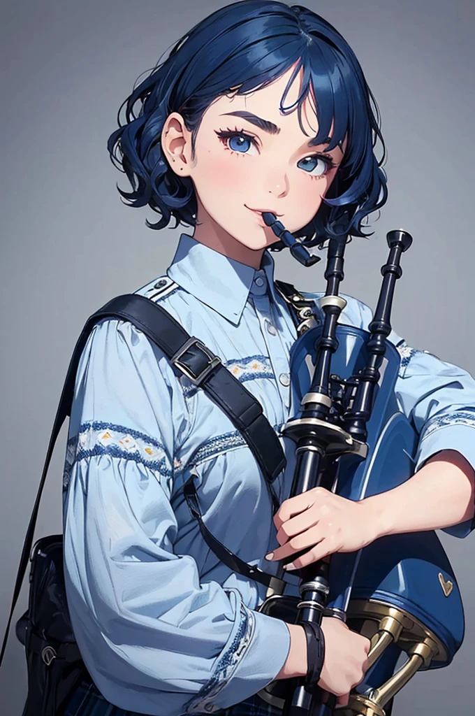 (masterpiece, highest quality:1.1), (Popart Style),Flat Color,(One Girl Playing Bagpipes,),(tween,detailed face,(darkblue hair-color,wavy-short hair),parallel eyebrows),enjoy playing,smile,background:Edinburgh Scotland,
