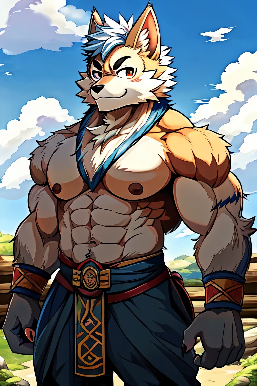 ((standing in the water)), take a bath, (big body),((smooth pecs)), (smooth belly), 4k, high resolution, best quality, perfect colors, perfect lighting, bright fill light, (low-angle shot:1.2), furry, solo, wolf, male, tan belly fur, adult, ( slim, belly, manly),((fully naked body)), wet , lube , tribal ,wet cloth, bulge, nipples , sweat, wet fur, ((correct anatomy)), (scars, epic, masterpiece:1.2), detailed forest background, forest, water steam, waterfall, warm tone, wolf tail, (detailed wolf eyes:1.2), handsome face, attractive cool aroused face.