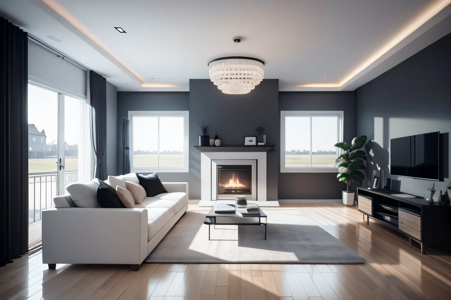Interior Design: A captivating European minimalist living room, where minimalist Nordic charm is subtly woven into the space. The color palette is anchored by black ash elements, creating a sophisticated foundation. Brightly colored furniture pops against the clean backdrop, adding a playful touch. A multi-angle display, elegantly presented in a 3D rendering, catches the eye, showcasing the latest technology in a sleek and understated way. Cozy interior lighting, reminiscent of the latest trends, illuminates the space thoughtfully, creating a warm and inviting ambiance. The large, floor-to-ceiling windows allow ample natural light to flood the room