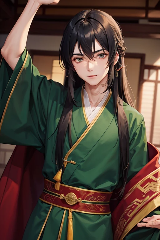 male，Age around 22，long hair，Wearing a dark green Chinese robe，Dance