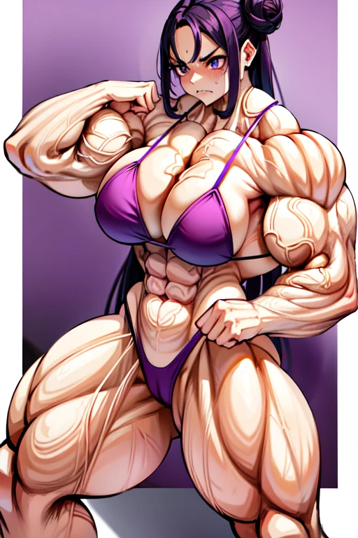 Breast hug,leaning Forward,  Sweat:, Top quality, one beautiFul woman, , Dark purple eyes, 35mm lens, F/1, Extra long hair, Purple Hair, Pale skin, , Slender figure, Show muscles,anger ,(((angry))) (Purple Bikini), permanent, (View:1.5), Forehead, single bun,(((Bodybuilder:1.5))),Super Muscle