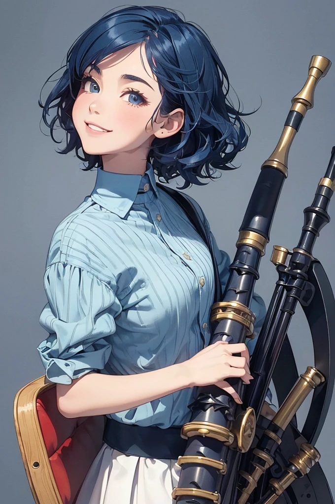 (masterpiece, highest quality:1.1), (Popart Style),Flat Color,(One Girl Playing Bagpipes,),(tween,detailed face,(darkblue hair-color,wavy-short hair),parallel eyebrows),enjoy playing,smile,(background:Edinburgh Scotland),