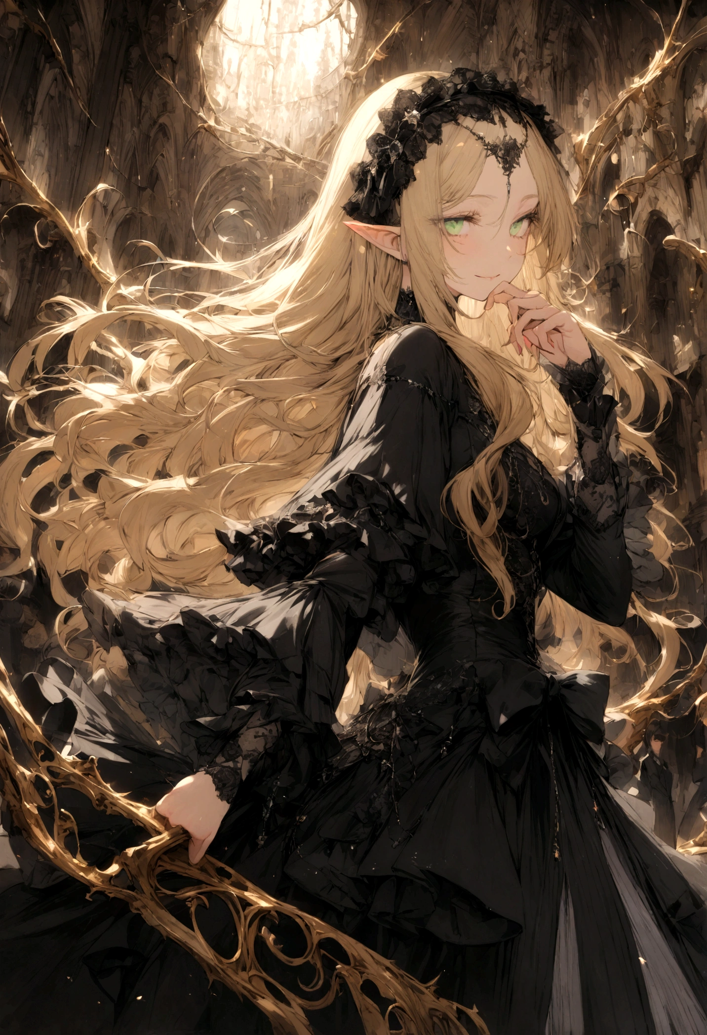 (best quality:1.0), (super fine:1.0), (16k:1.0), (incredibly absurdres:1.0), (extremely detailed:1.0), (delicate and dynamic:1.0),
(Deedlit:1.5), (cute and beautiful pretty elf:1.0), (Blond:1.0), (Long hair:1.0), (Green eyes:1.0), (Circlet:1.0), (Lovely smile:1.0), (gothic lolita dress:1.0),