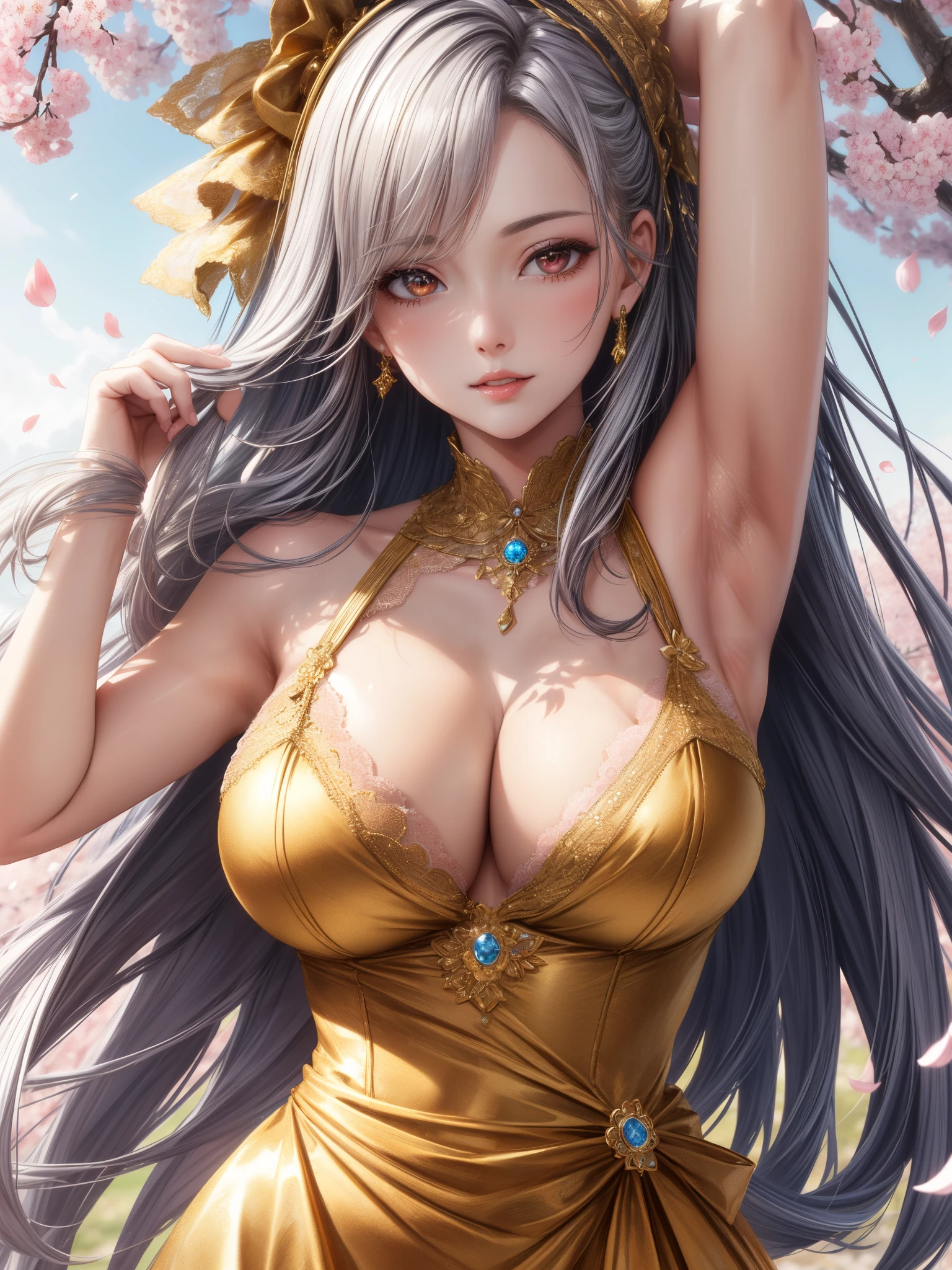 (((Armpit Show))),Red eyes, (highest quality, masterpiece絵画:1.3), Mature Woman, 26 years old, (Upper Body Shot), masterpiece, Ultra-high resolution, (Photorealistic:1.0), Bright silver hair、Straight hair, Beautiful and shiny hair, White and glowing skin, ((Ultra-Realistic Details)), Octane Rendering, Highly detailed face, (Big Breasts:1.0), She wears a stunning outfit inspired by the Belle Epoque style, A flowing golden dress decorated with lace and ribbons, (clothing: Gold Belle Epoque dress with lace and ribbons), Cleavage, Perfect body, Soft Skin, Anime Face, Perfect Face, Perfect Eyes, (Left eye wink), Looking at the audience, Smart, Against the background of cherry trees, church, Cherry blossom petals falling, Outdoor,Sharp focus, Intricate details, Professional artwork, (Bright colors:1.1), Bright colors, diffused Lighting, Digital Blending, Ultra high definition body,Condescending eyes, Ultra detailed hair, Highly detailed face, that&#39;that&#39;Trending on pixiv, Open the top button, Cute gaze, Compensate, Perfect Lips, perfect Compensate, Ultra-precision coating, (Light_smile:0.6), (Very embarrassed:0.8),