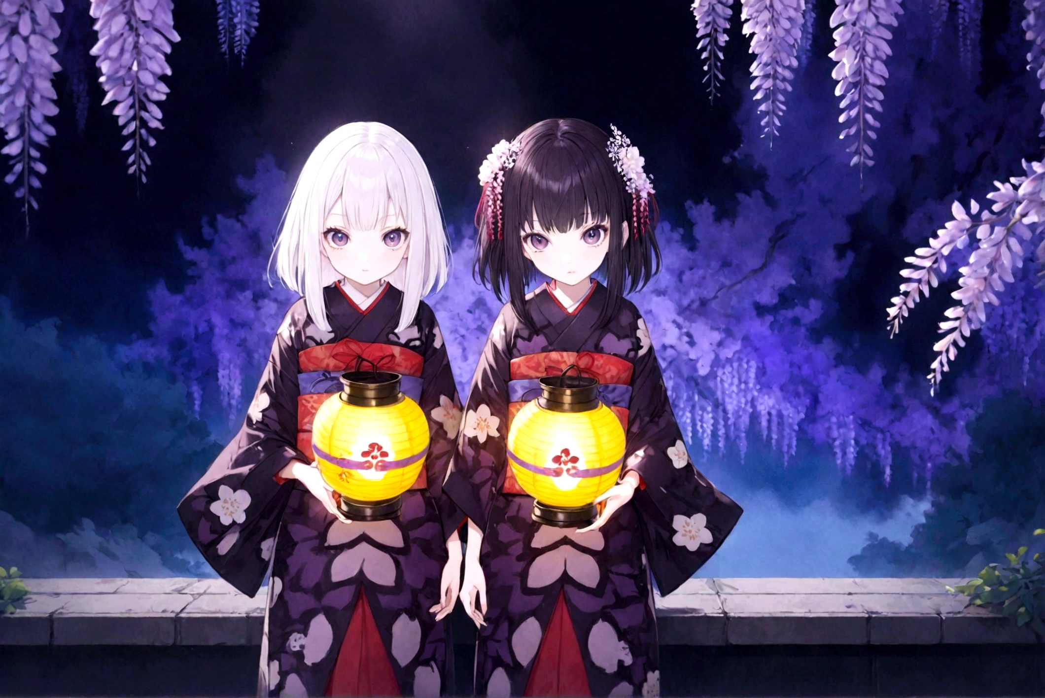 ((Masterpiece, top quality, high resolution)), ((highly detailed CG unified 8K wallpaper)), 2 girls, kimetu no yaiba, ubuyasiki, Spooky twins, girl with black hair and girl with white hair, dressed in Japanese kimono, Japanese lanterns, garden at night, wisteria flowers in background, staring with very wide eyes, faint smile, dark atmosphere, horror,