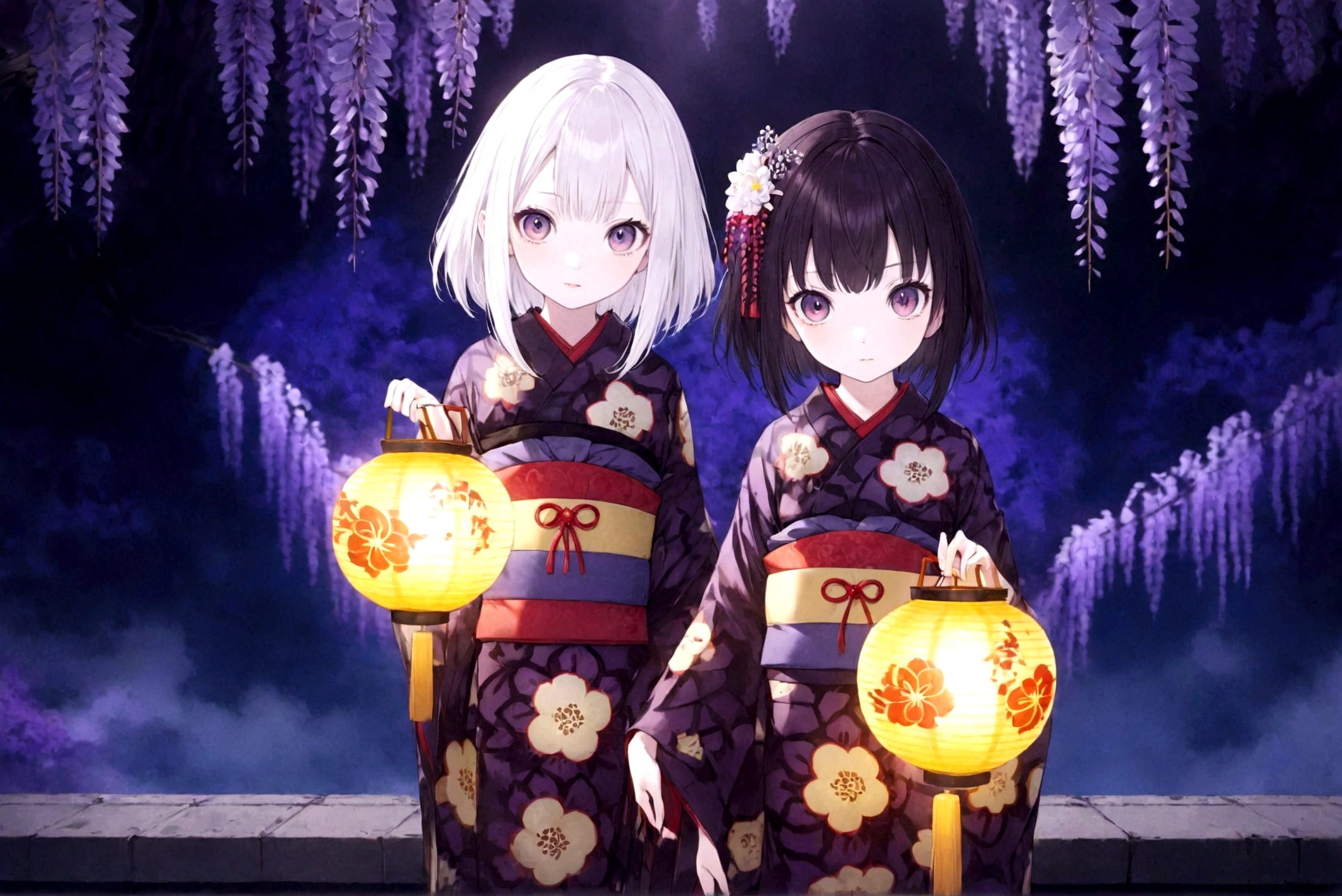 ((Masterpiece, top quality, high resolution)), ((highly detailed CG unified 8K wallpaper)), 2 girls, kimetu no yaiba, ubuyasiki, Spooky twins, girl with black hair and girl with white hair, dressed in Japanese kimono, Japanese lanterns, garden at night, wisteria flowers in background, staring with very wide eyes, faint smile, dark atmosphere, horror,