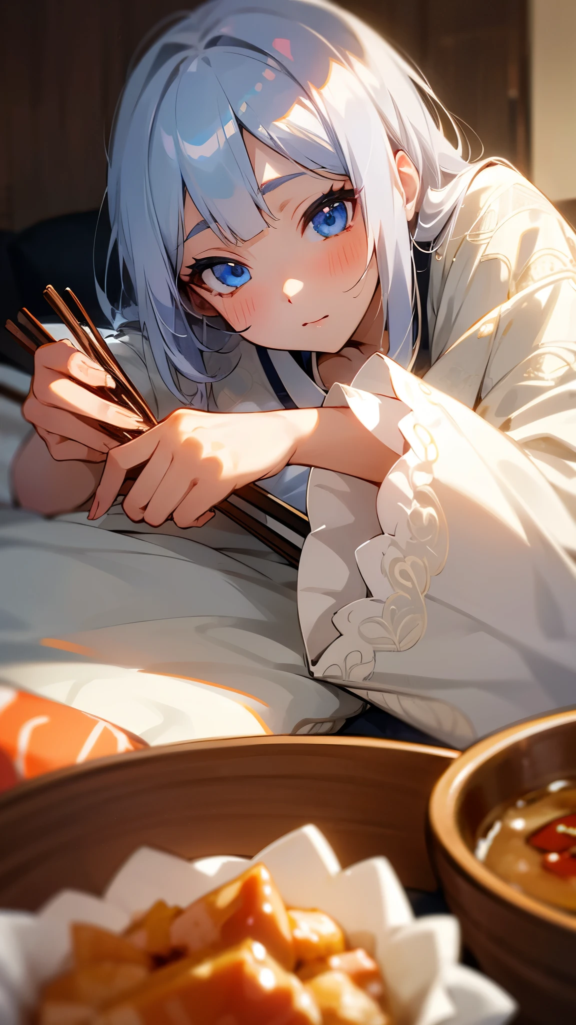 1 girl、8k、Sharp focus、(Bokeh) (highest quality) (Detailed skin:1.3) (Intricate details) (anime)、、Silver Hair、blue eyes、Lying on the futon、Eat katsudon、Holding chopsticks in your right hand