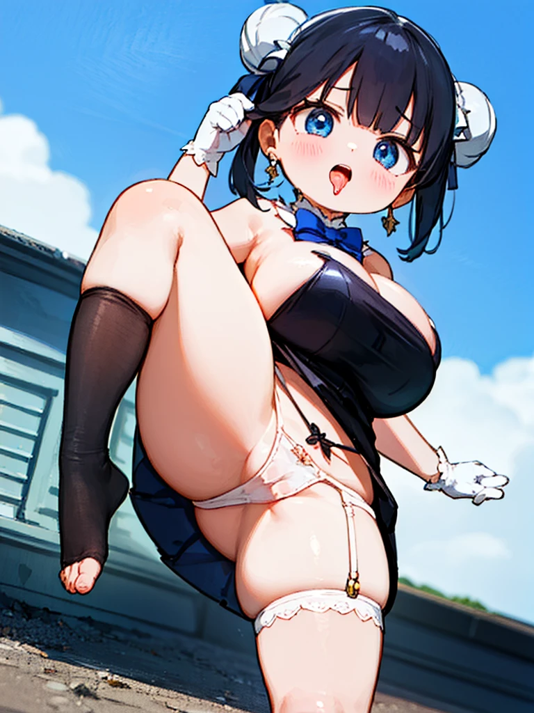 Dhammati Hestia, hestia, Blue eyes, Black hair, Twin-tailed, Open mouth, Smile,
Rest barefoot, blue bow, blue bowtie, Bow, bowtie, cleavage, cleavage cutout, Clothes Cutout, Dress, gloves, pencil dress, (rei no himo:1.5), Short dress, White Dress, White Gloves,
BREAK outdoors, city,
BREAK looking at viewer, (Cowboy Shot:1.5),
BREAK (masutepiece:1.2), Best Quality, High resolution, Unity 8k Wallpaper, (Illustration:0.8), (Beautiful detailed eyes:1.6), extra detailed face, Perfect Lighting, extremely details CG, (Perfect hands, Perfect Anatomy),Solo, (Curve:1.1), looking down to viewer, Smile on his face, ((From below:1.5)) Looks Back, ((Leaning forward)), seen from back, , lip stick, makeup, Ultra Detail Hair, ultra detail face, (Purple eyes:1.05), Perfect eyes, Perfect face, earrings, (Confused, blush:1.2), , (black thighhighs, Garter Belt:1.1), zettai ryouiki, , high-heels, (Large breasts:1.1), cleavage, Big ass, thighs thighs thighs thighs, Show panties, ((From the hem of the rolled up skirt to the crotch))Completely naked、nude、Unity 8K wallpaper, (1 girl,black hair, blue eyes,double bun), (gigantic breasts:1.2), (open mouth:1.2), (long tongue:1.2), (mouth drool:1.2),(zettai ryouiki:1.2. 、Orgasm