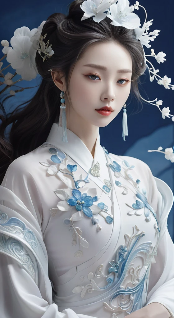 close up of a woman wearing a white dress and a medical mask, concept art inspired by Huang Ji, trending on cg society, fantasy art, white hanfu, ethereal beauty, xianxia fantasy , Chinese style, a beautiful imaginary princess, pale milky white porcelain skin, ((a beautiful imaginary princess)), porcelain white skin, beautiful Chinese model, pale skin skin as white as pale snow