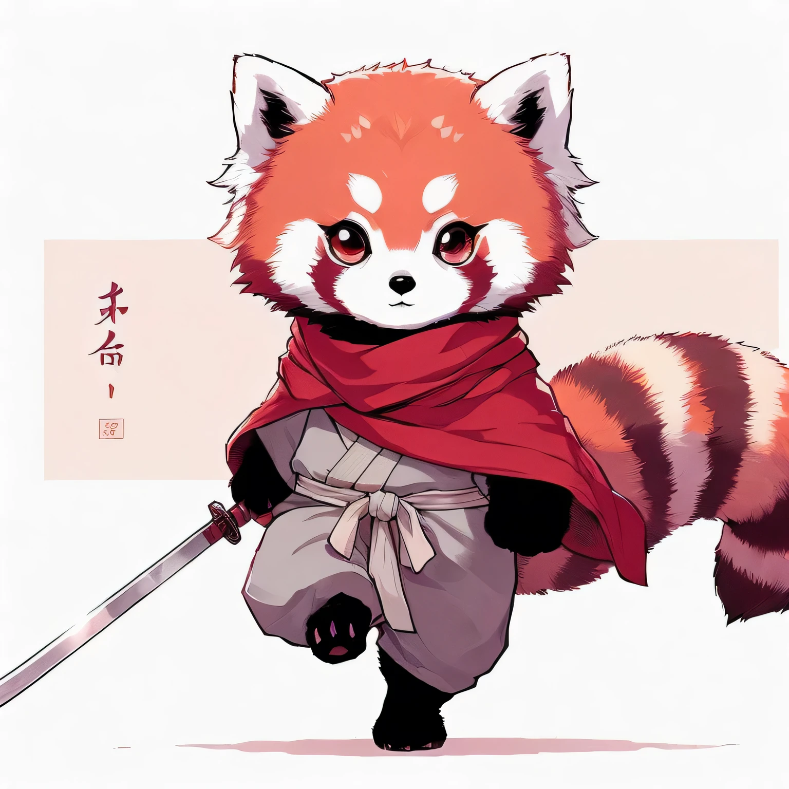 anime character of a red panda with a sword and a red scarf, fox nobushi, fox nobushi holding a naginata, red panda, by Shiba Kōkan, kitsune, red panda on a propaganda poster, by Kano Tan'yū, inspired by Kanō Hōgai, ryuu, official fanart