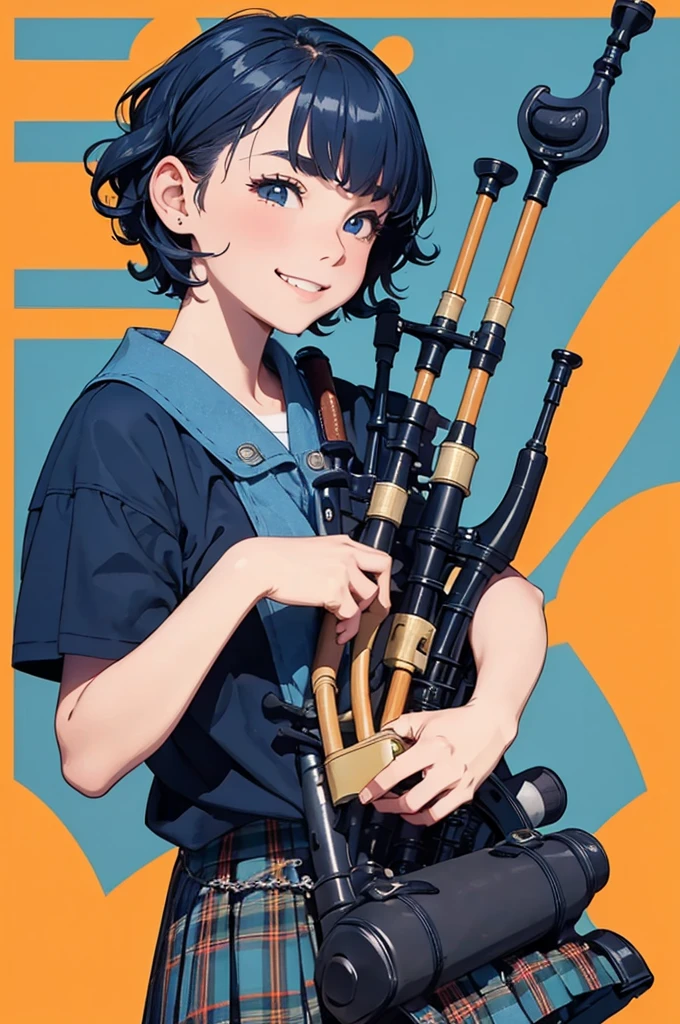 (masterpiece, highest quality:1.1), Popart Style,(Flat Color),(One Girl Playing Bagpipes,),enjoy playing,smile,at Edinburgh Scotland,BREAK,(tween,(darkblue wavy-short hair),parallel eyebrows),