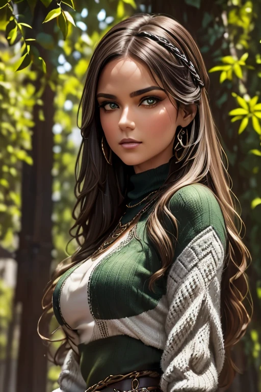 close-up of a white woman wearing a chain mail sweater, hiding in the shade of trees, the main character, ornate dark green clothing, thistles, she has olive brown skin, flowers in bloom, face shown, Camelot style inspired by William York McGregor, noir art, airbrush, style Mikhail Garmash