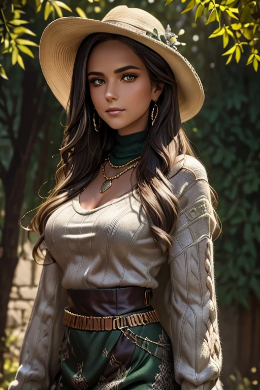 close-up of a white woman wearing a chain mail sweater, hiding in the shade of trees, the main character, ornate dark green clothing, thistles, she has olive brown skin, flowers in bloom, face shown, Camelot style inspired by William York McGregor, noir art, airbrush, style Mikhail Garmash