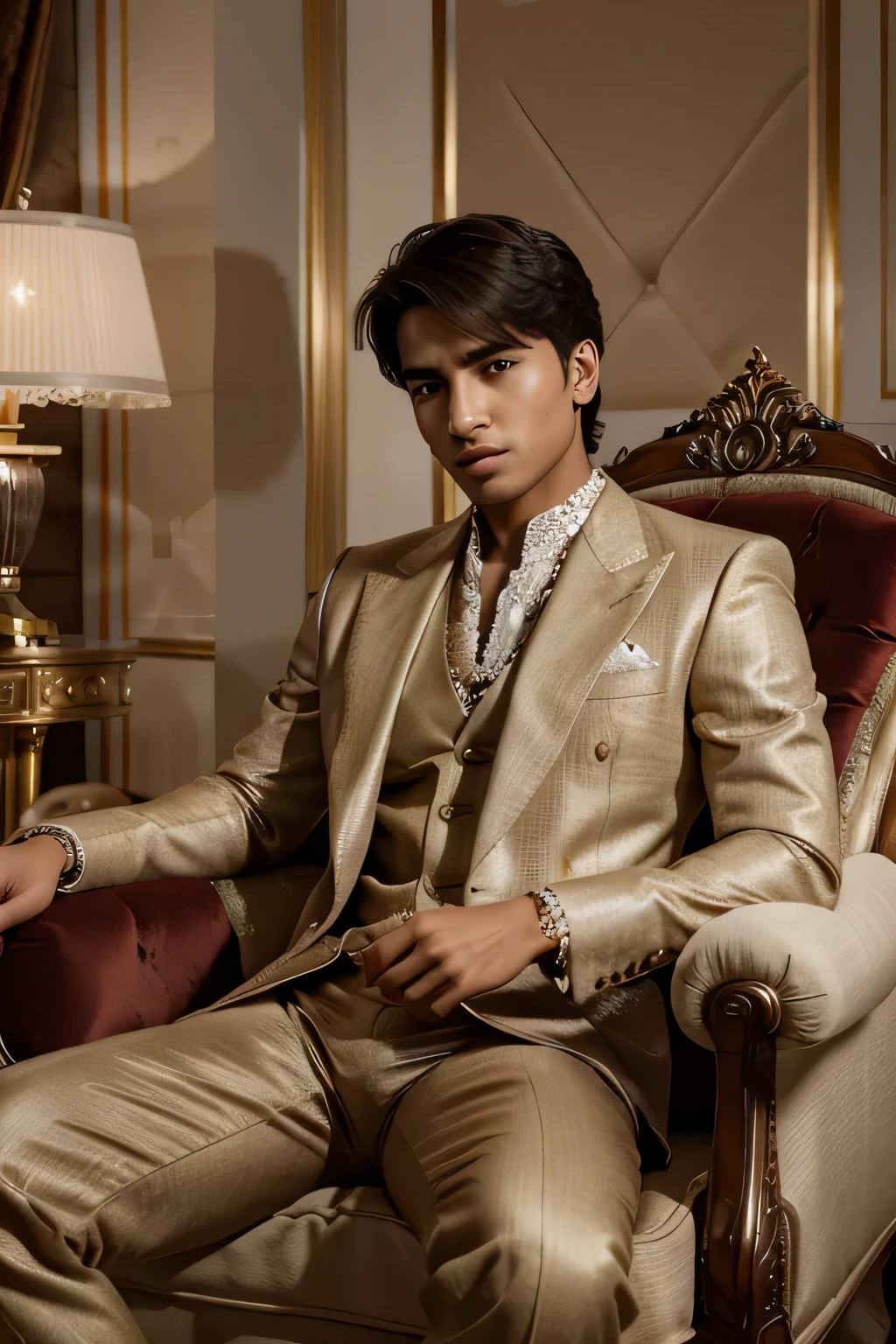 Best quality, masterpiece, ultra high res, 8K, raw, (photo realistic:1.4), sharp focus: A 22-year-old handsome Indian boy sitting on a luxurious sofa in a royal hotel. The boy is dressed in a stylish and elegant outfit, perhaps a tailored suit or a fashionable ensemble. The background showcases the opulent interior of the hotel with grand chandeliers, rich decor, and intricate details, emphasizing the royal ambiance. The boy is relaxed and confident, exuding charm and sophistication as he sits comfortably on the plush sofa.