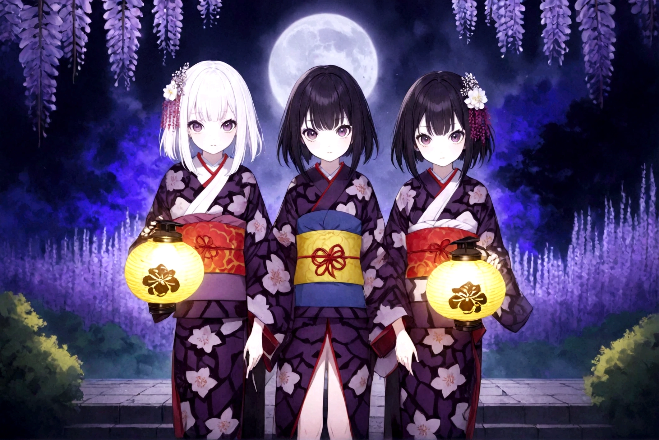 ((Masterpiece, top quality, high resolution)), ((highly detailed CG unified 8K wallpaper)), 2 girls, kimetu no yaiba, ubuyasiki, Spooky twins, girl with black hair and girl with white hair, dressed in Japanese kimono, Japanese lanterns, garden at night, wisteria flowers in background, staring with very wide eyes, faint smile, dark atmosphere, horror,