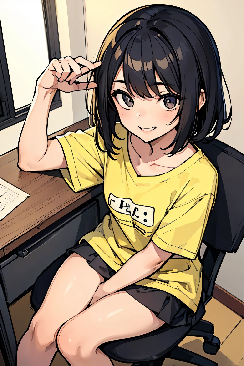 ((best quality)), ((masterpiece)), 1girl, young girl, toddler, ???, sweet, shy smile, black hair, dark eyes, medium hair, yellow t-shirt, sitting on desk, inside a room
