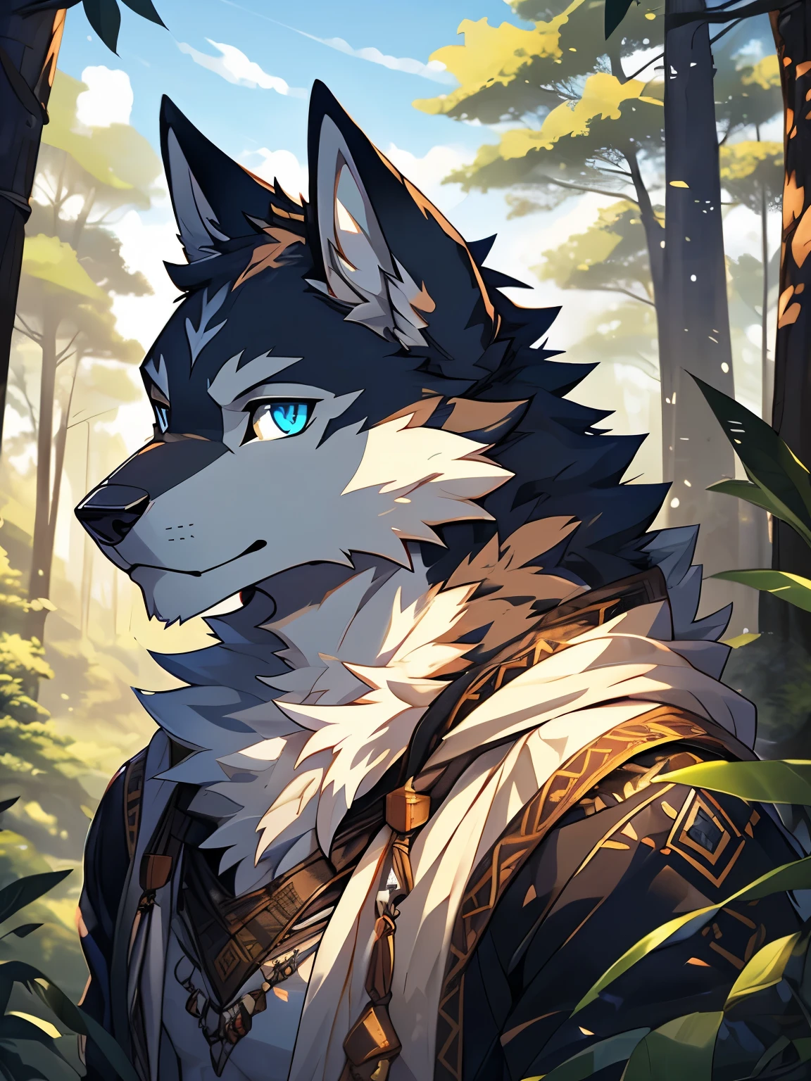 (Furry art, Upload to e621: 1.4),1 boy, a wolf, Solitary, On the Hill, the rest of the sky, permanent, detail fur, Perfect eyes, Detailed body, Detail face, Perfect Pulp, sticky, (masterpiece), (best quality), (Extremely detailed: 1.0), cool pose, (Clear, Shiny:0,8), (1 boy, Solitary), (Solitary_focus), Detailed fluffy fur, Natural Lighting, (male), anthropology, in the forest, Detailed background, Perfect sky, detail fur, blue eyes, black,