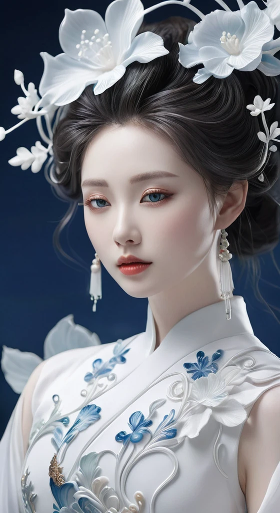 close up of a woman wearing a white dress and a medical mask, concept art inspired by Huang Ji, trending on cg society, fantasy art, white hanfu, ethereal beauty, xianxia fantasy , Chinese style, a beautiful imaginary princess, pale milky white porcelain skin, ((a beautiful imaginary princess)), porcelain white skin, beautiful Chinese model, pale skin skin as white as pale snow
