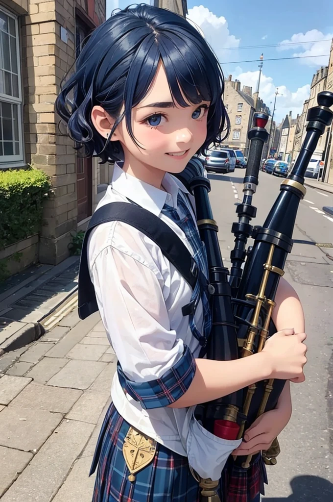 (masterpiece, highest quality:1.1), Popart Style,(Flat Color),(One Girl Playing Bagpipes,),enjoy playing,smile,at Edinburgh Scotland,BREAK,(tween,(darkblue wavy-short hair),parallel eyebrows),