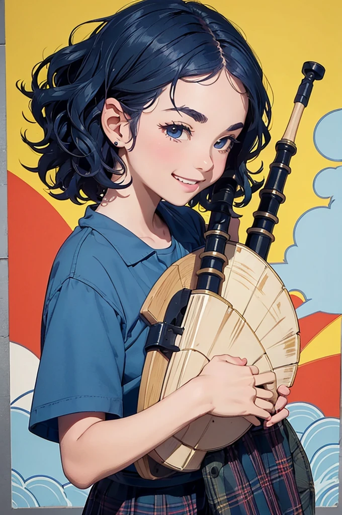 (masterpiece, highest quality:1.1), Popart Style,(Flat Color),(One Girl Playing Bagpipes,),enjoy playing,smile,at Edinburgh Scotland,BREAK,(tween,(darkblue wavy-short hair),parallel eyebrows),