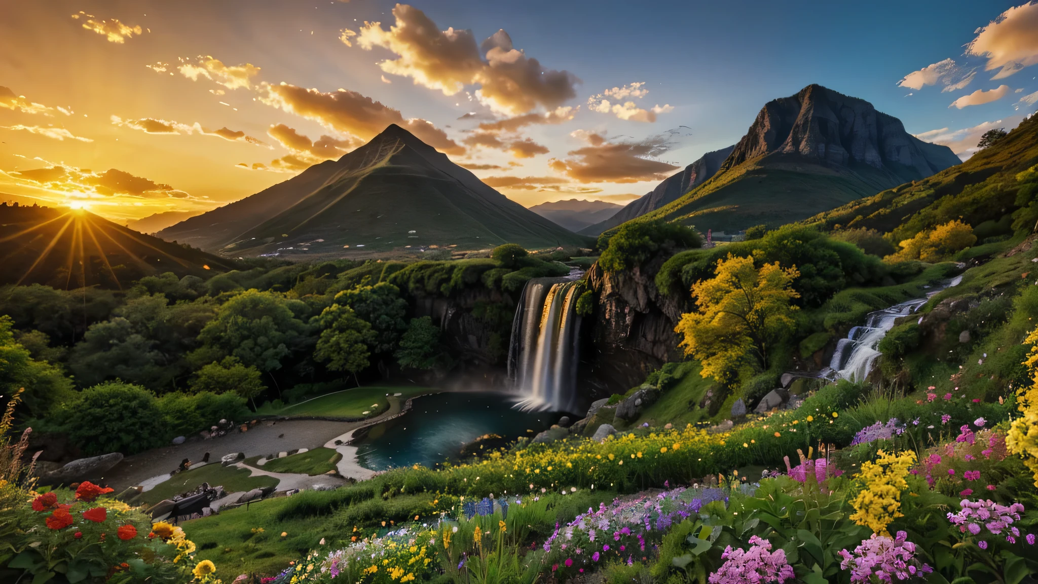 a waterfall in a side of a mountain silhouette against a golden sunset sky, then add a garden with various colorful flowers in the foreground.