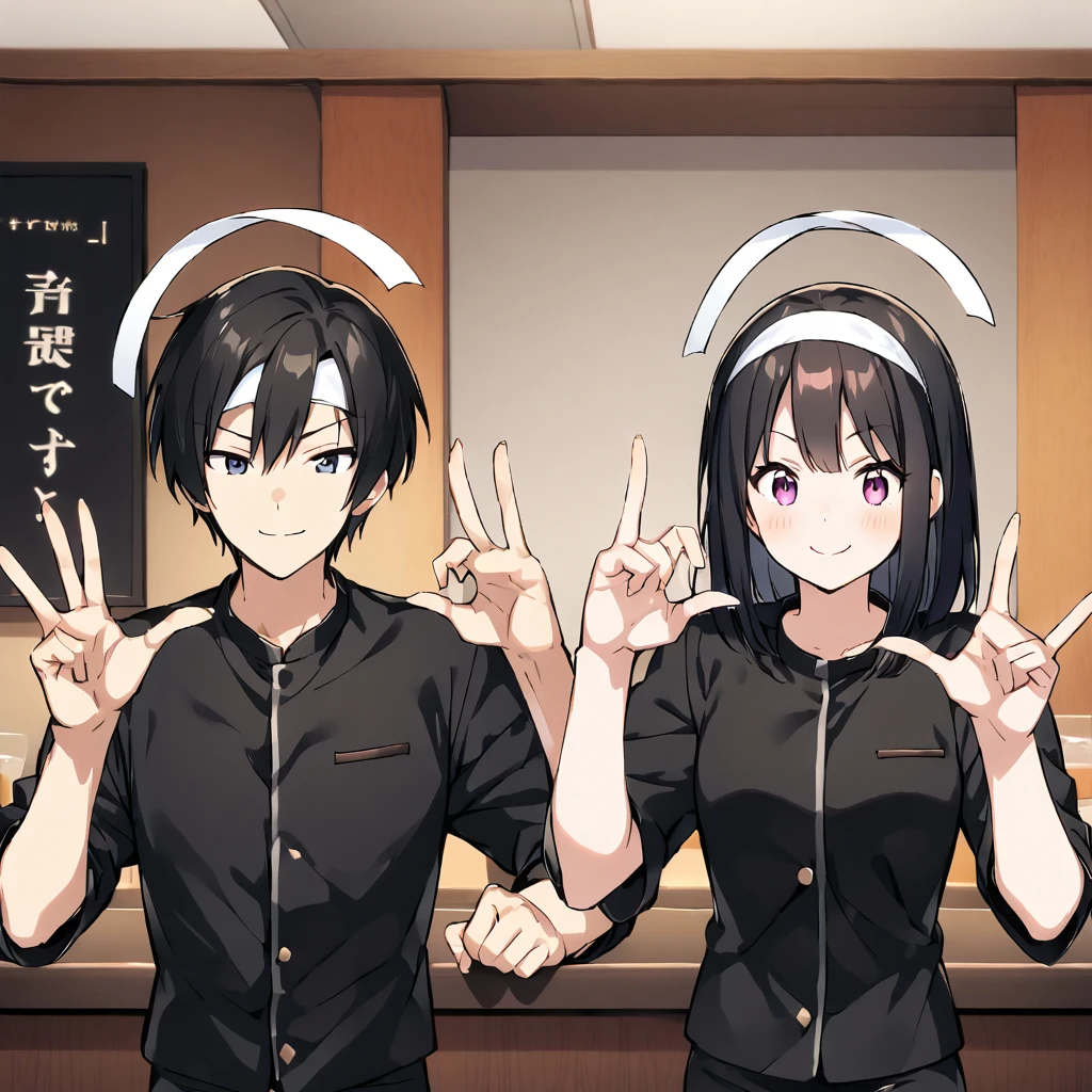 A confident smile, かっこいいポーズをとっているtwo students demonstrating a gesture commonly associated with a peace sign while speaking by , Black slacks, Black Hair, indoor, restaurant,indoor, White headband on head, black jacket shirt, ((((complete fiでe fingers))))