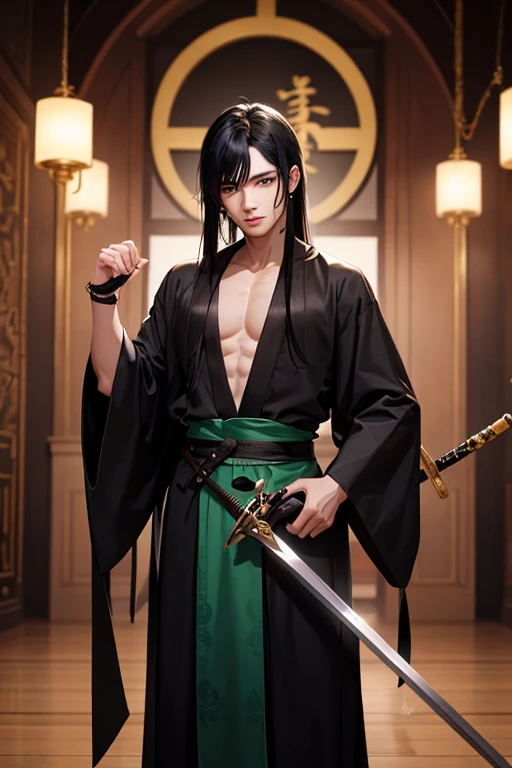 male,Age around 22?fairer skin,long black hair,Wearing a dark green Chinese robe,Sword dance