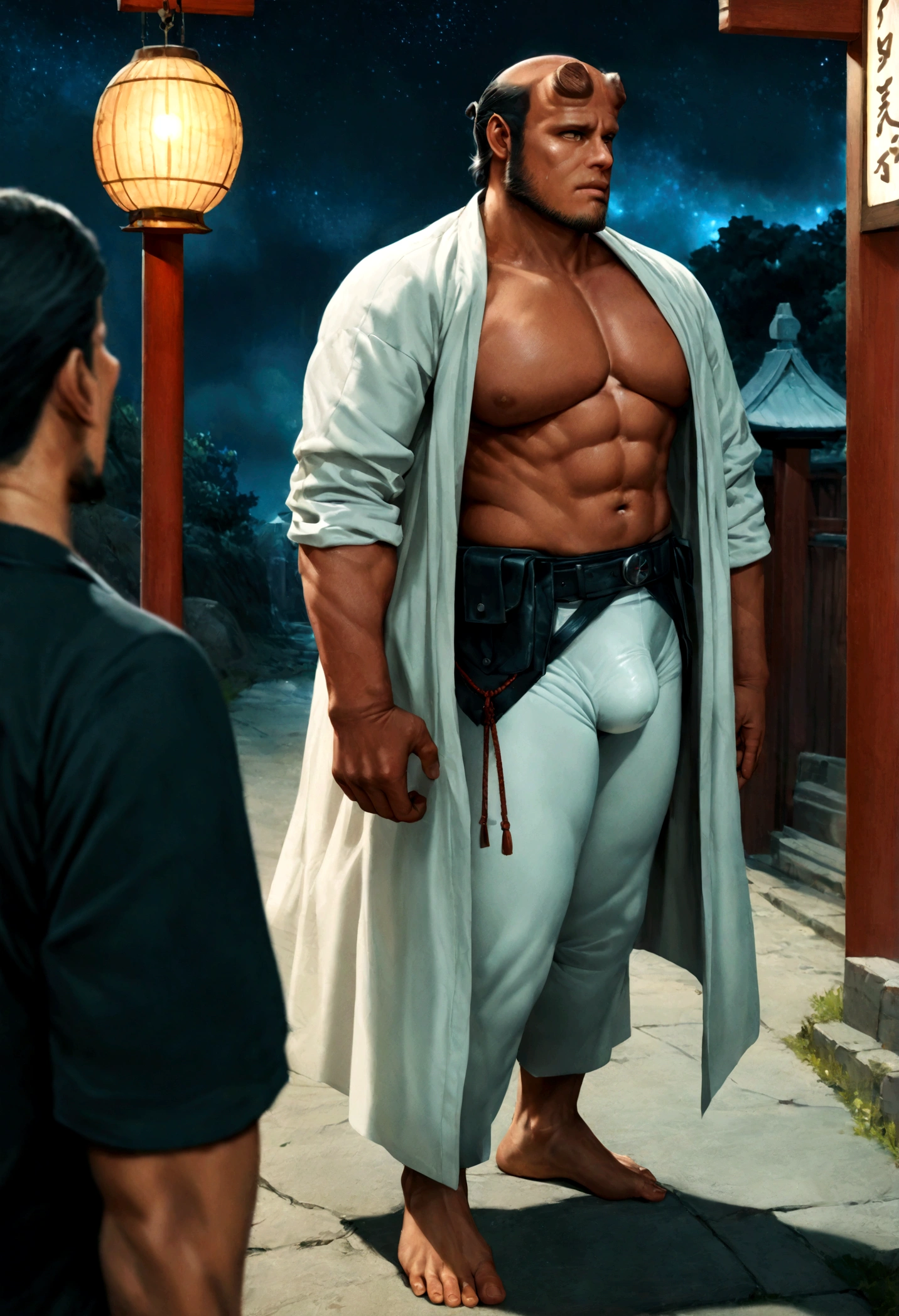 sexy mature daddy, tanned-skin, big bulge, darker skin, stubble, muscular, best quality, masterpiece, super high resolution, detailed background, realism, illustrations, single, 1 boy, torii, muscle, volumetric lighting, depth of field, facial hair, ryu, white clothes, black belt, light particles, massive bulge, starry sky, martial artist, sweating, short hair, perfect eyes, bare feet
