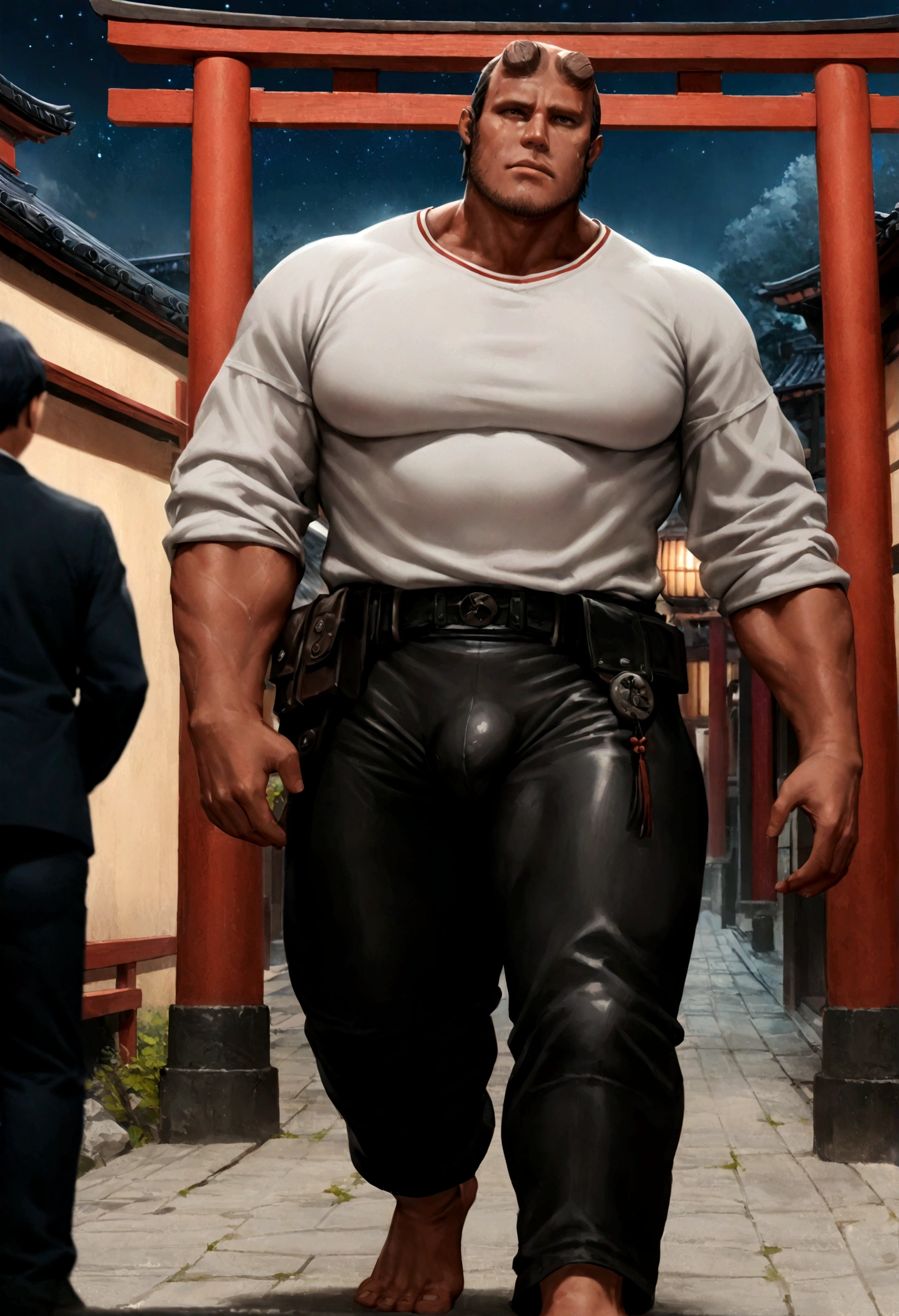 sexy mature daddy, tanned-skin, big bulge, darker skin, stubble, muscular, best quality, masterpiece, super high resolution, detailed background, realism, illustrations, single, 1 boy, torii, muscle, volumetric lighting, depth of field, facial hair, ryu, white clothes, black belt, light particles, massive bulge, starry sky, martial artist, sweating, short hair, perfect eyes, bare feet