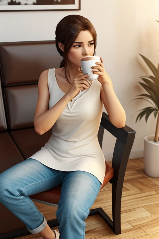 Genwrate a image in which a woman is sitting on a chair and sipping coffee. Make it look simple and in 3d cartoon form.