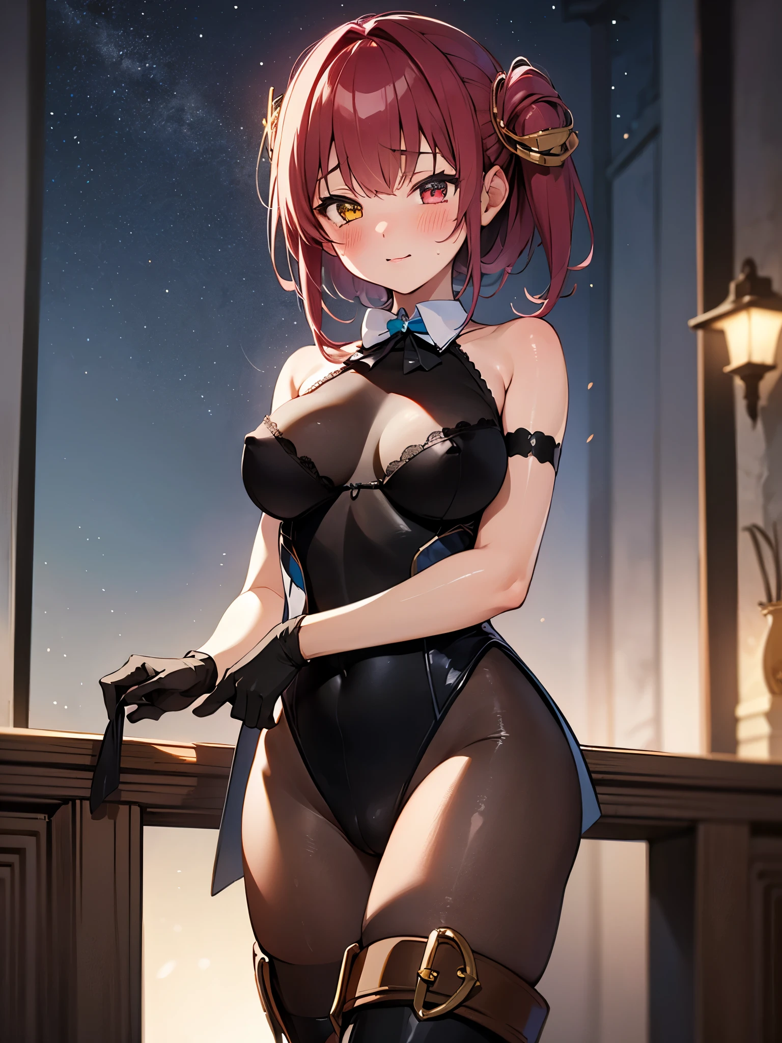 NSFW,One girl,Heterochromia iridis,Marine、Black leotard、Black Pantyhose、Black gloves、Striped Hair、Thigh-high boots,Love Hotel at Night,Night view,(Perfect hands),(Perfect Anatomy),(masterpiece),(highest quality),Embarrassed,blush