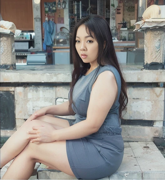 Indonesian woman, thick body, cold atmosphere , thick cheeks , full body , random pose, wavy short hair , thick hips, 40 years old , slightly fat arms , slightly fat belly , thick thighs pants