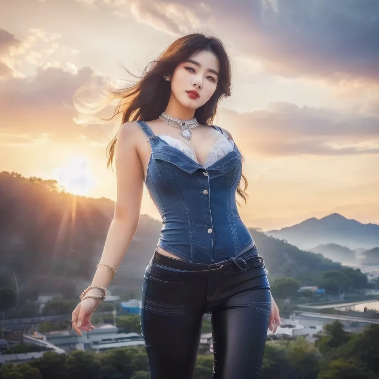 Close-up of woman in body suit,Denim dresses and tight pants, beautiful south thai women, Thai anime, Korean girl, Hot with bright sunlight, gorgeous young korean woman, นางแบบแฟชั่นkorean woman, beautiful young korean woman, korean woman, Photo of a thin girl model, 8k photos, 3-D, beautiful asian girl, Thin waist and thick hips, beautiful female model, Korean idol