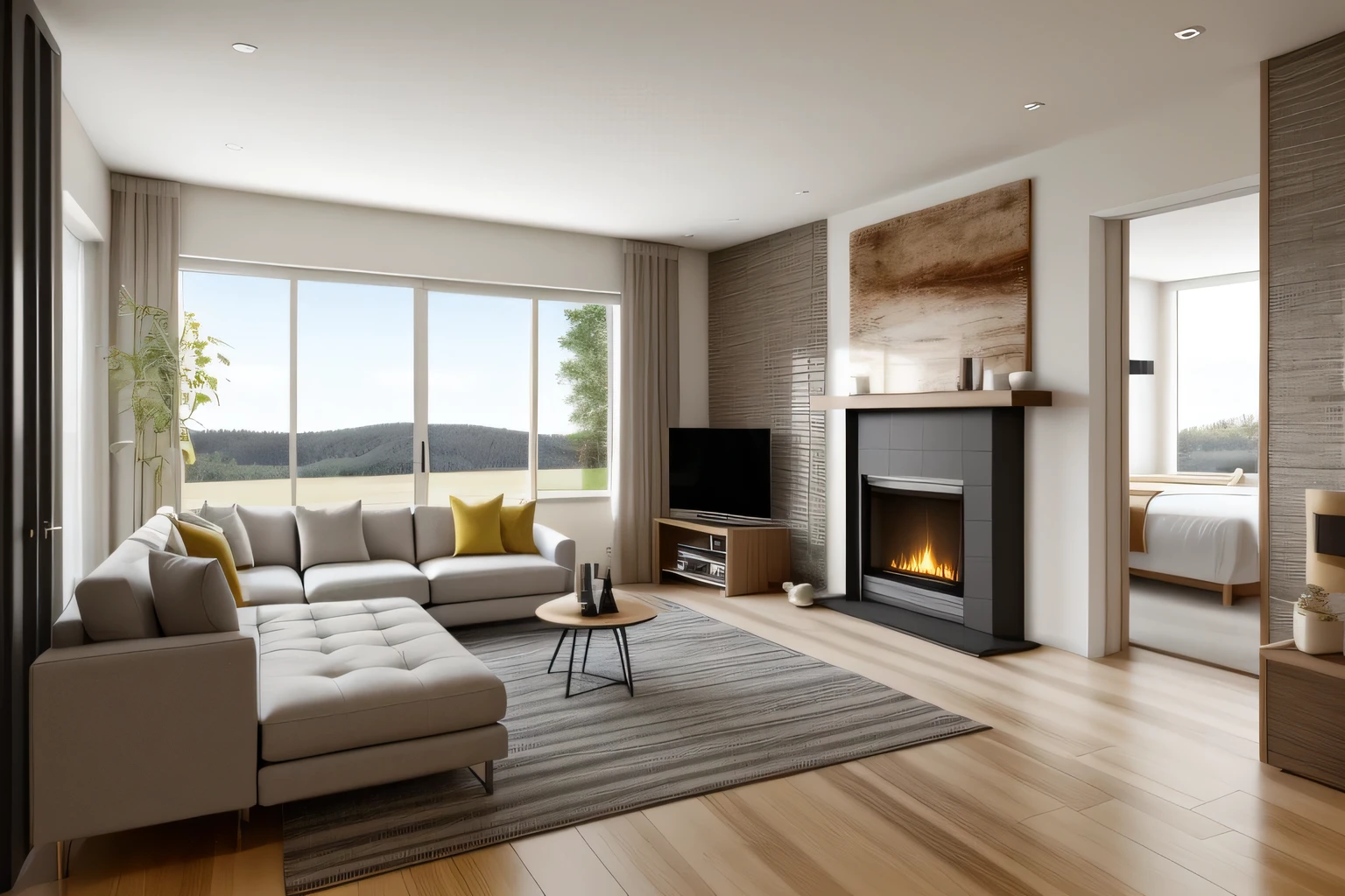 Interior Design: A fascinating European minimalist living room, Minimalist Nordic charm is subtly woven into the space.. The color palette is anchored by black ash elements to create a sophisticated foundation.. Brightly colored furniture pops against the clean background, adding a playful feel. Elegantly presented in 3D rendering, the multi-angle display is eye-catching and showcases the latest technology in a stylish and understated way.. Cozy interior lighting reminiscent of the latest trends thoughtfully illuminates the space and creates a warm and inviting atmosphere.. Large floor-to-ceiling windows flood the room with plenty of natural light.,high quality,
