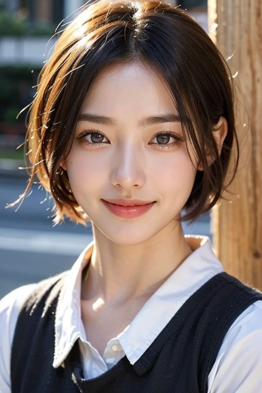 ((8k, highest quality, masterpiece、Realistic、Ultra-high resolution))、((Japanese women))、((Black short hair))、(Small breasts)、((Thin eyebrowole on the corner of the eye)))、((Face is golden ratio))、smile、Japanese school、日本のschool uniform、Beautiful Eyes、Beautiful Face、、From the knee up