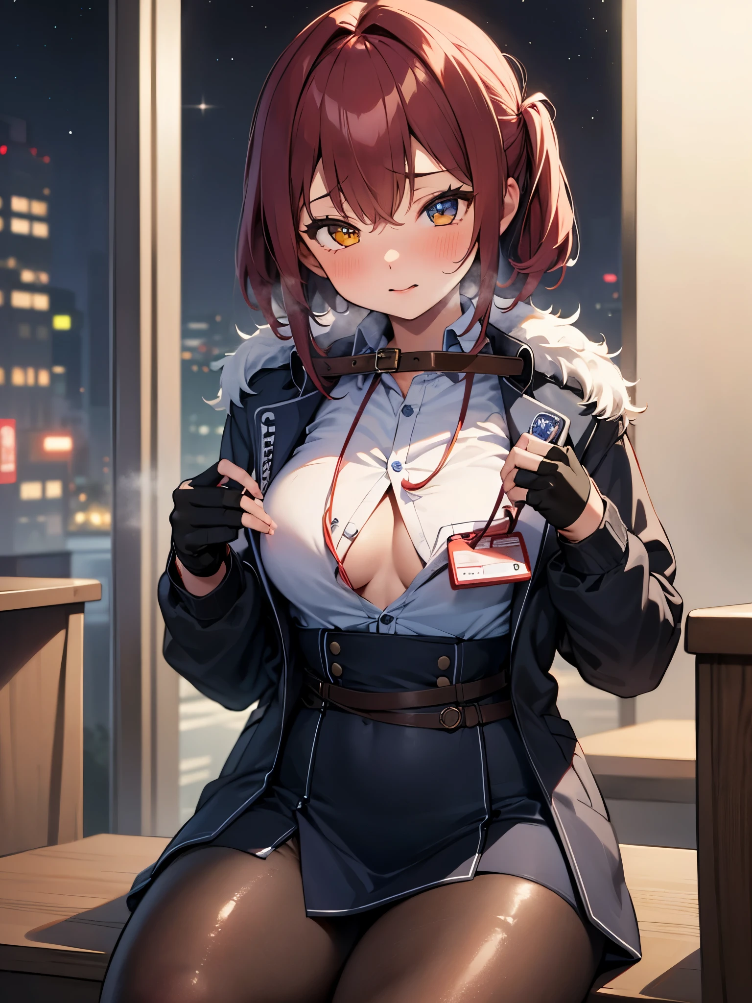 NSFW,One girl,Heterochromia iridis,Collared shirt、No sleeve、High Waist Skirt、pantyhose、Blue jacket、Fur trim、Fingerless gloves、ID card,Office at night,(Perfect hands),(Perfect Anatomy),(masterpiece),(highest quality),Embarrassed,blush