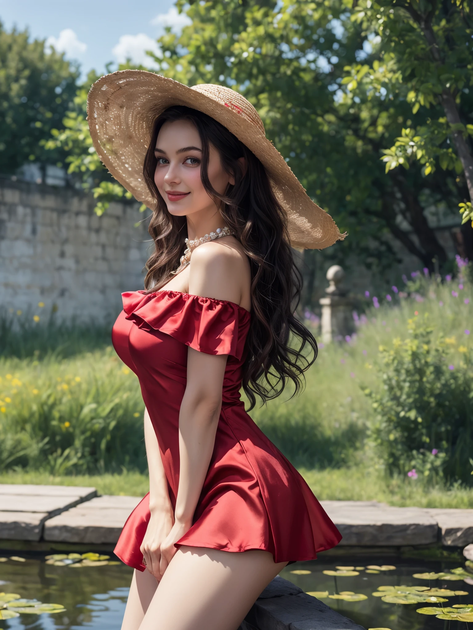 1girl, detailed face, long hair, wide straw hat, off-shoulder ruffle dress, smile, looking at viewer, strong shadow, clear sky, ((highest quality)), ((8K)), ((masterpiece:1.3)), ((cinema quality)), (daytime outdoors), (by the pond), (Bright throughout with strong natural light), ((red silk dress)), (Semi-long hair curled inwards), (natural movement hair), (gorgeous necklace), gigantic breasts, 