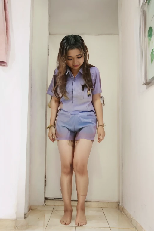 (pp clothes), (realistic), girl standing, wearing panties, view to front, view to camera, bottomless, pee stain, Indonesian face.