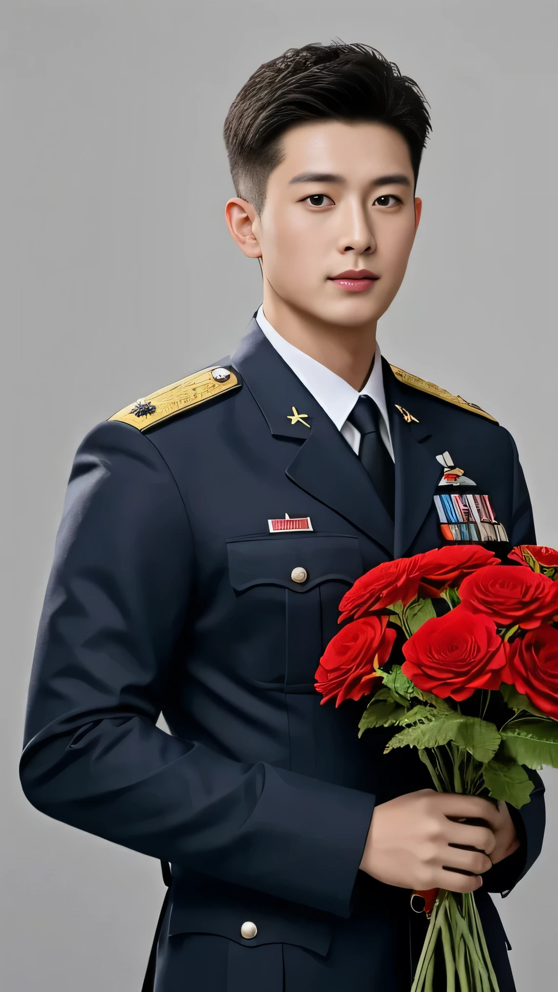 8k,（masterpiece）,Best quality,2d,Asian men,Wearing embroidered guards,Wearing military uniform,yanjun chengt,Wear a full military uniform,officer,Unified background,Wearing a general's uniform,Topless photos,Holding a big red flower,Holding a large red bouquet,Muscle Man，Handsome hairstyle，Simple background，Upper body face